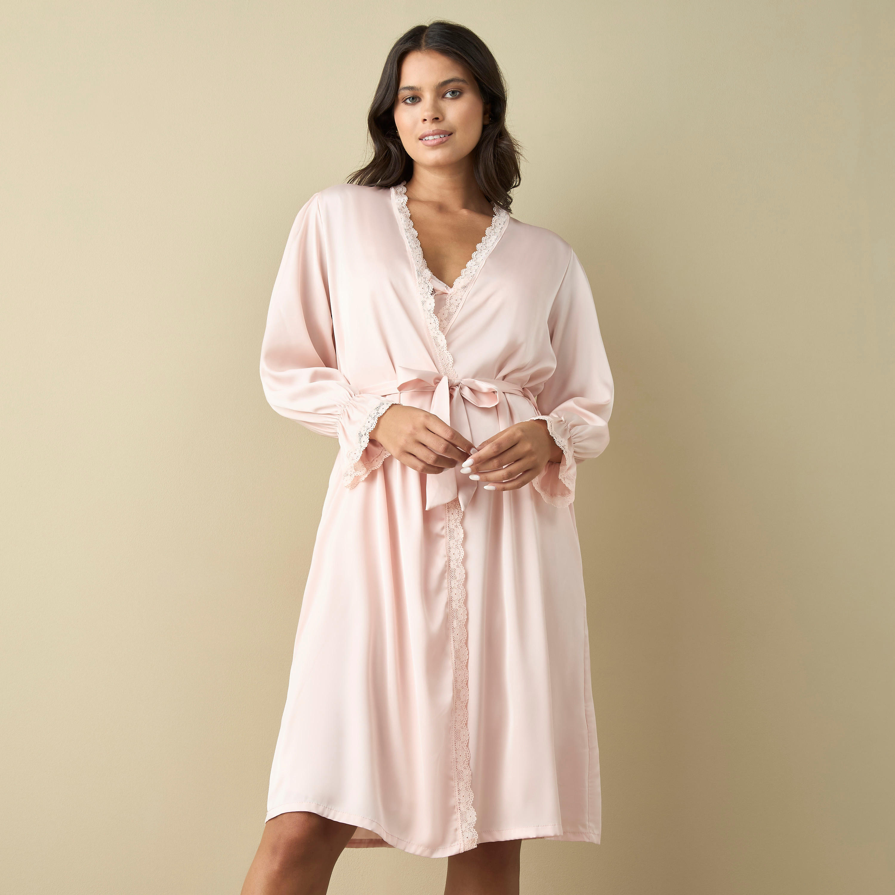 روب بتفاصيل دانتيل مع حزام ربط وفستان سهل الارتداء-women-clothing-nightwear-nighties-image-1