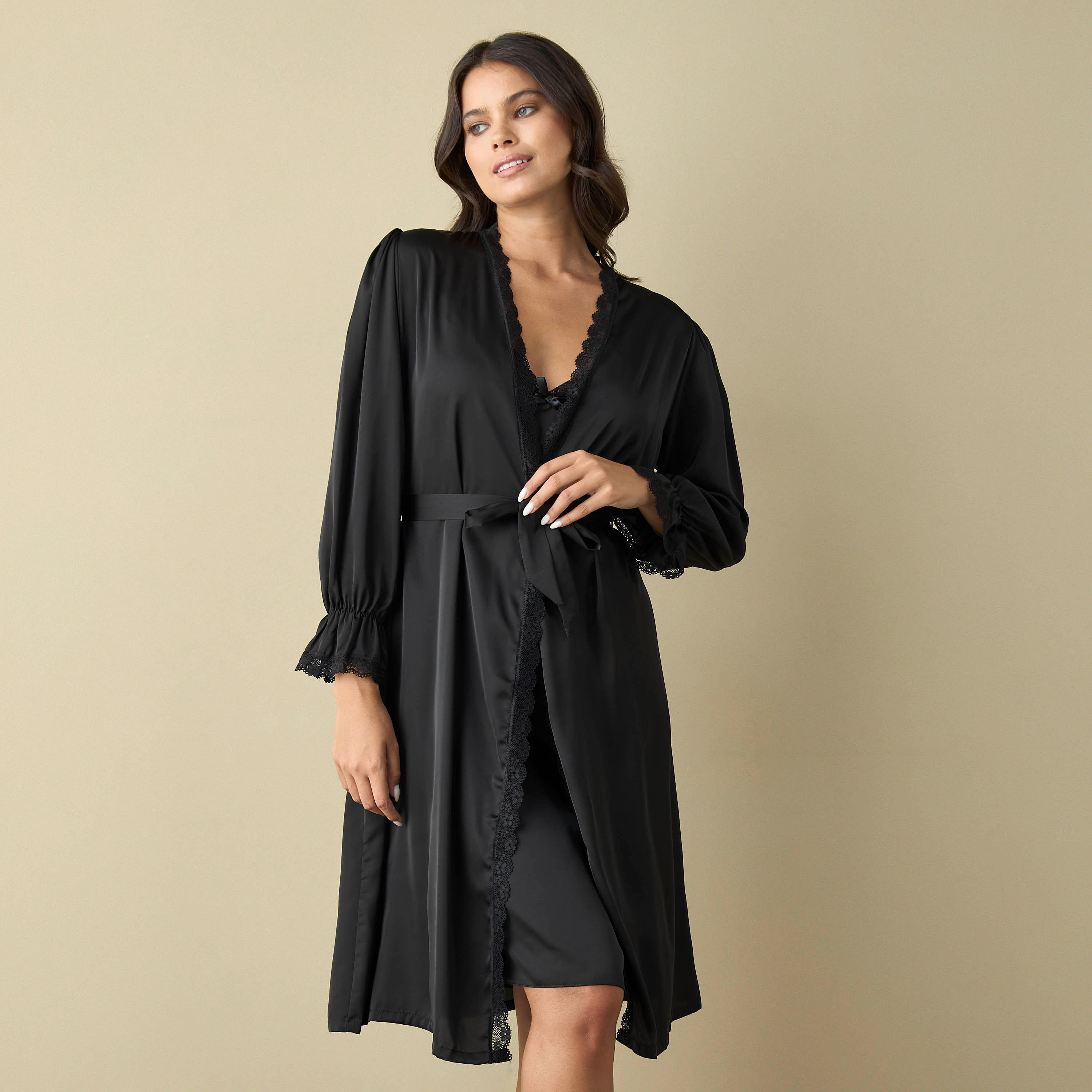 Lace Detail Robe with Tie-Up Belt and Slip Dress-women-clothing-nightwear-nighties-image-1
