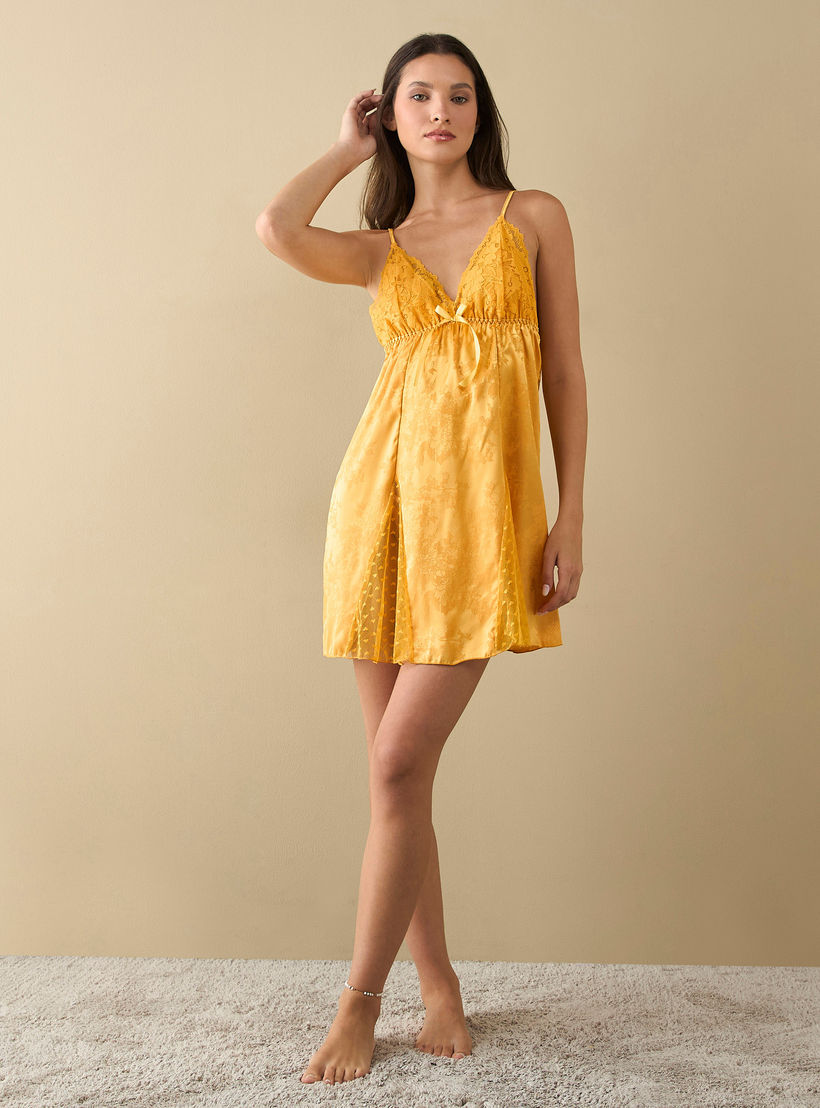 Lace Textured Slip Dress with Adjustable Straps-women-clothing-nightwear-nighties-image-2