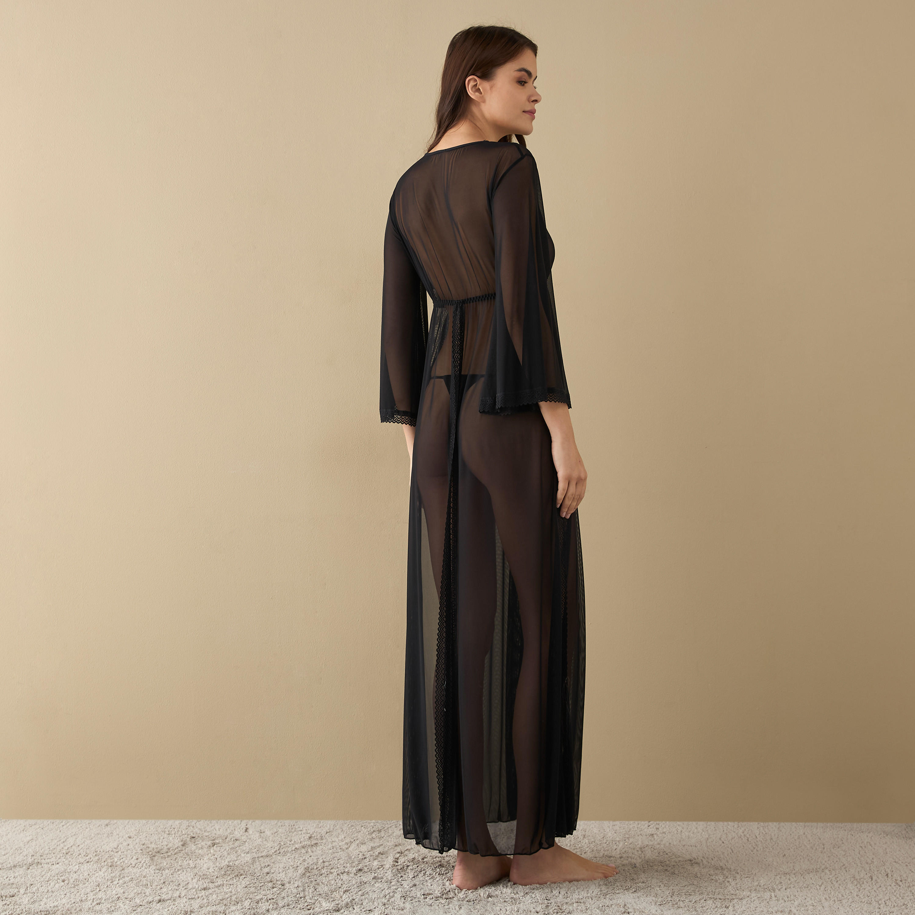 قميص نوم بارز الملمس بأكمام طويلة وياقة حرف V-women-clothing-nightwear-nighties-image-3