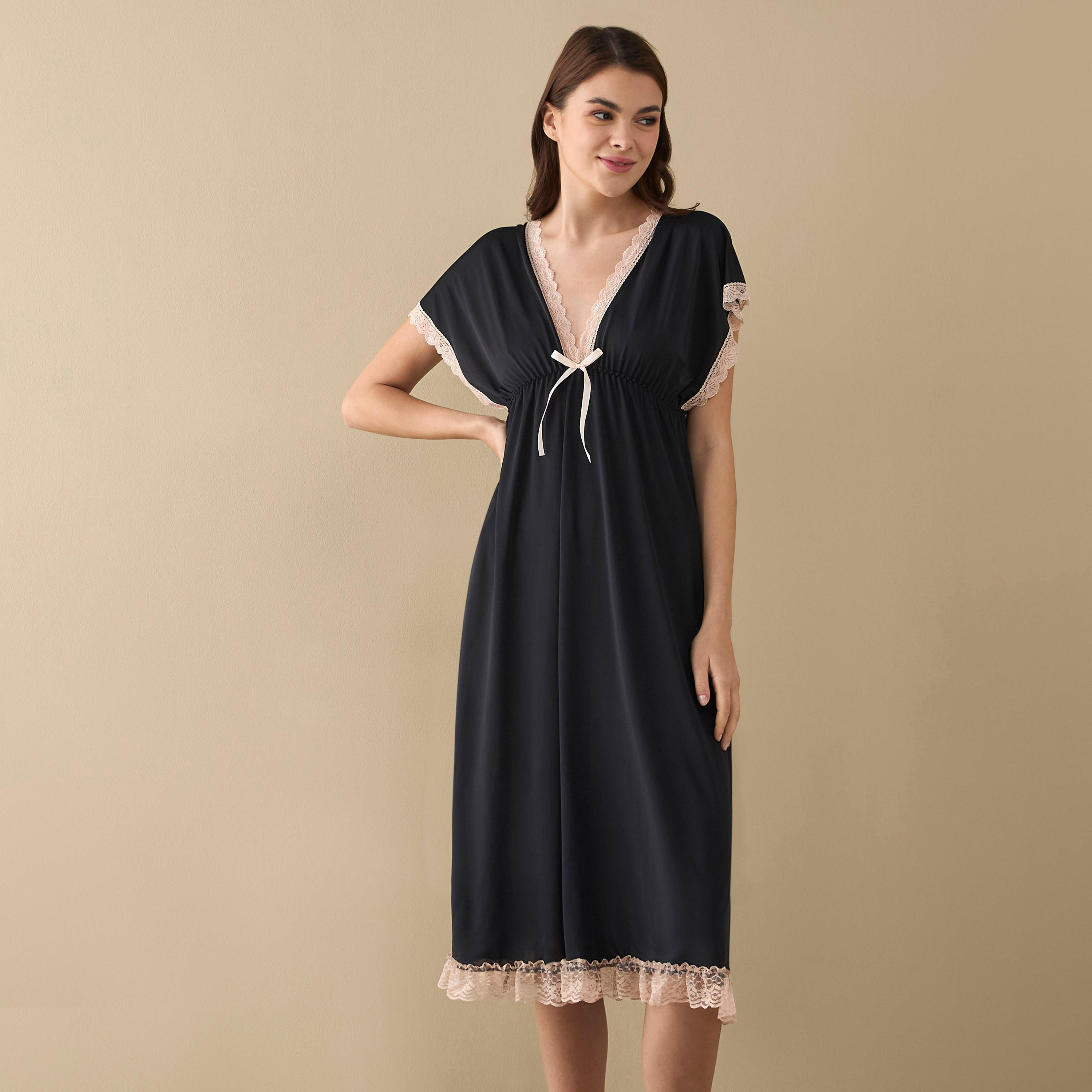 Shop Night Dress with V-neck and Short Sleeves Online | Splash UAE