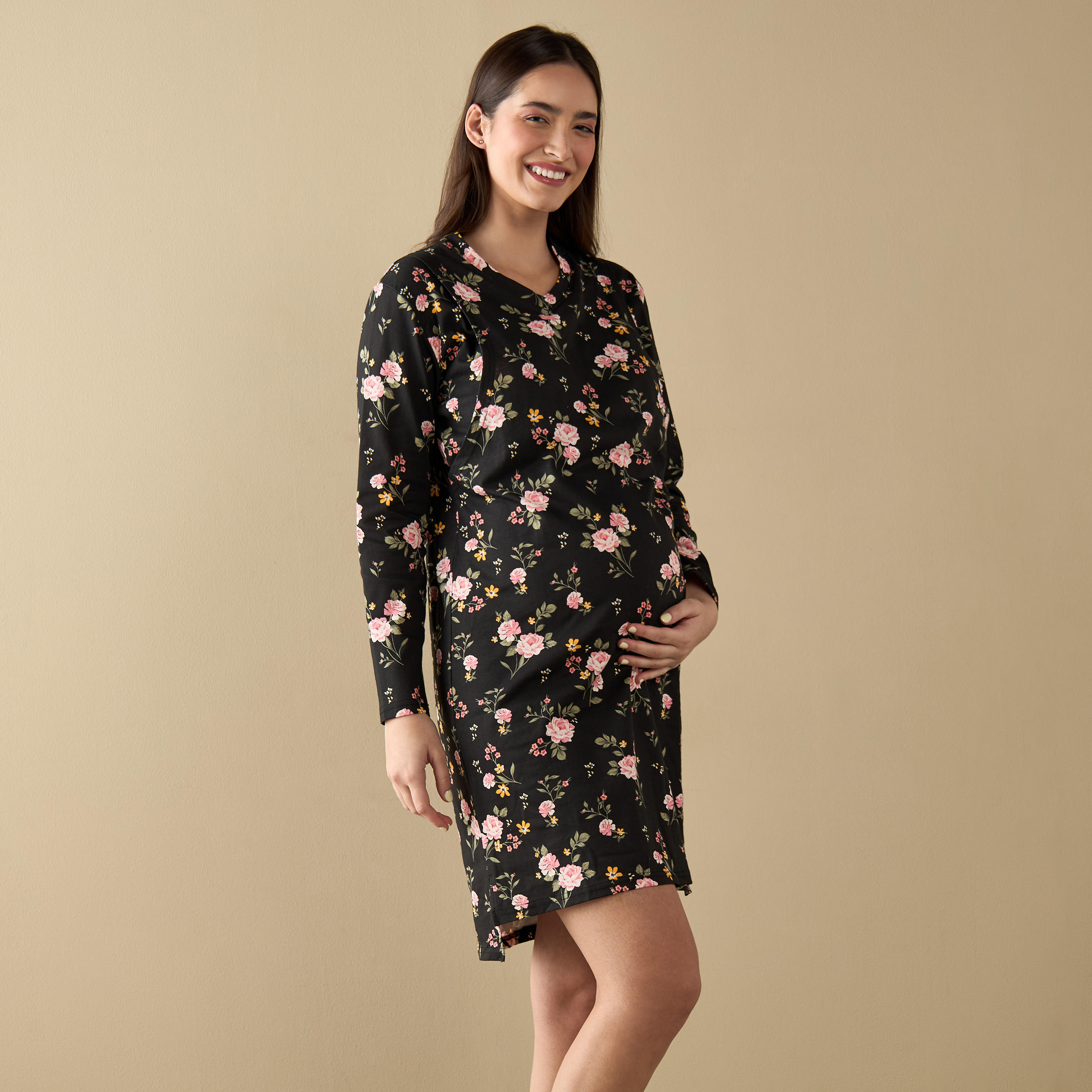 قميص نوم للرضاعة بأكمام طويلة وطبعات زهرية-women-clothing-maternity-nightwear-image-5