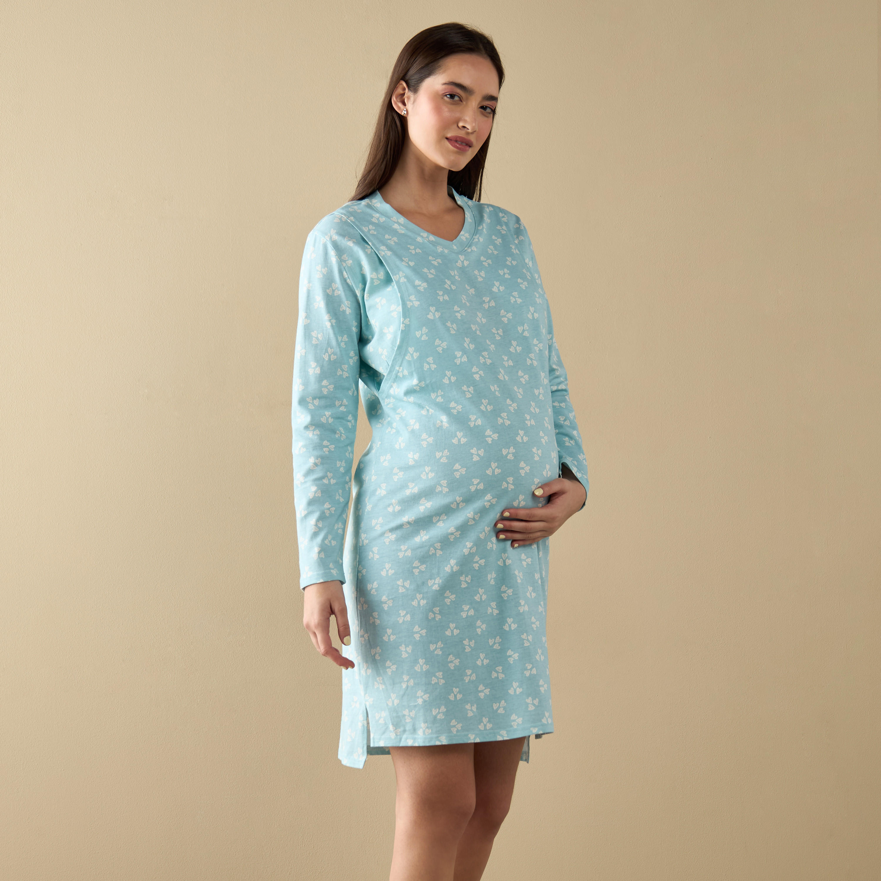 قميص نوم للحوامل بأكمام طويلة وطبعات-women-clothing-maternity-nightwear-image-1