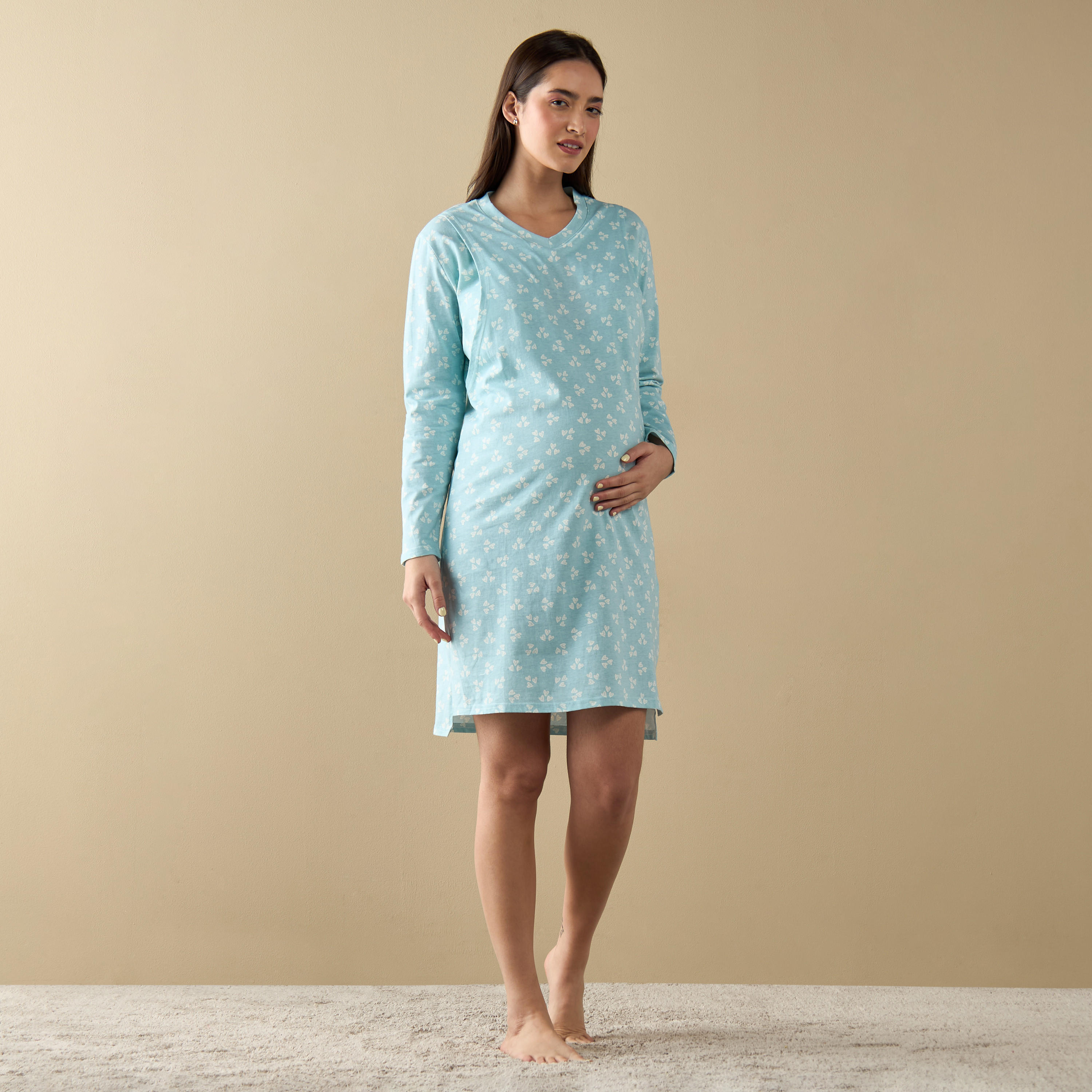قميص نوم للحوامل بأكمام طويلة وطبعات-women-clothing-maternity-nightwear-image-2