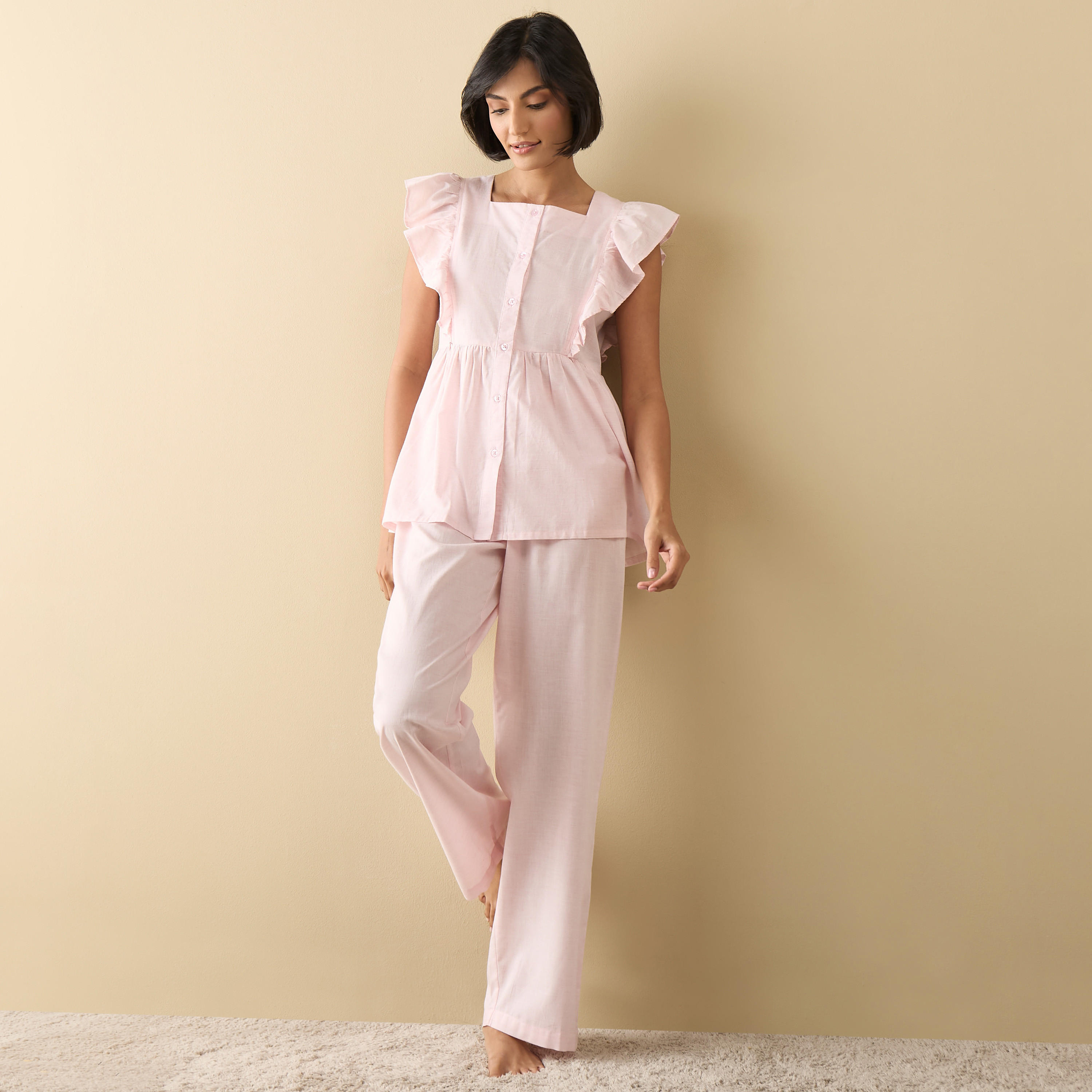 طقم بيجاما وبلوزة بياقة مربعة مكشكشة-women-clothing-nightwear-pyjamas-longsets-image-1