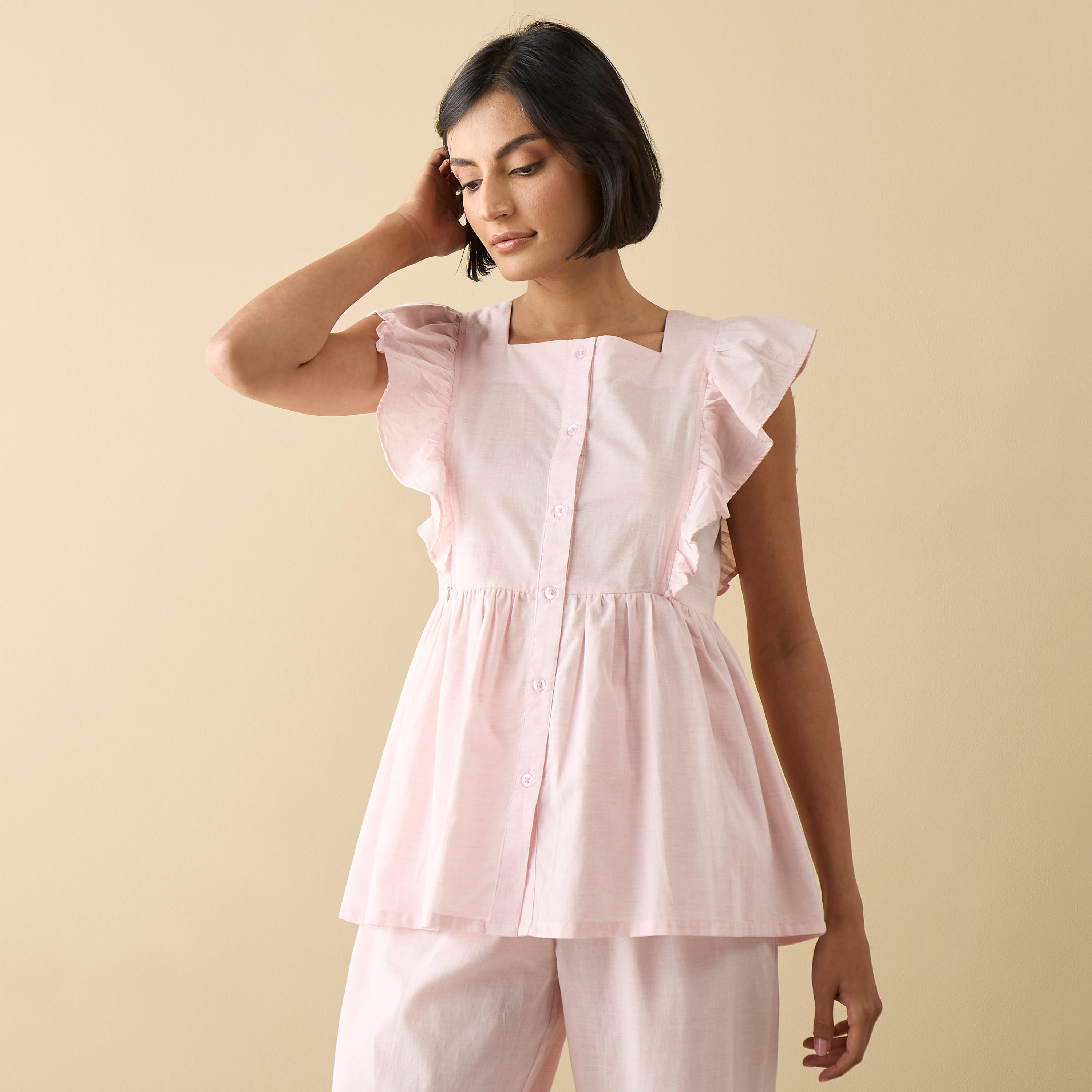 طقم بيجاما وبلوزة بياقة مربعة مكشكشة-women-clothing-nightwear-pyjamas-longsets-image-2