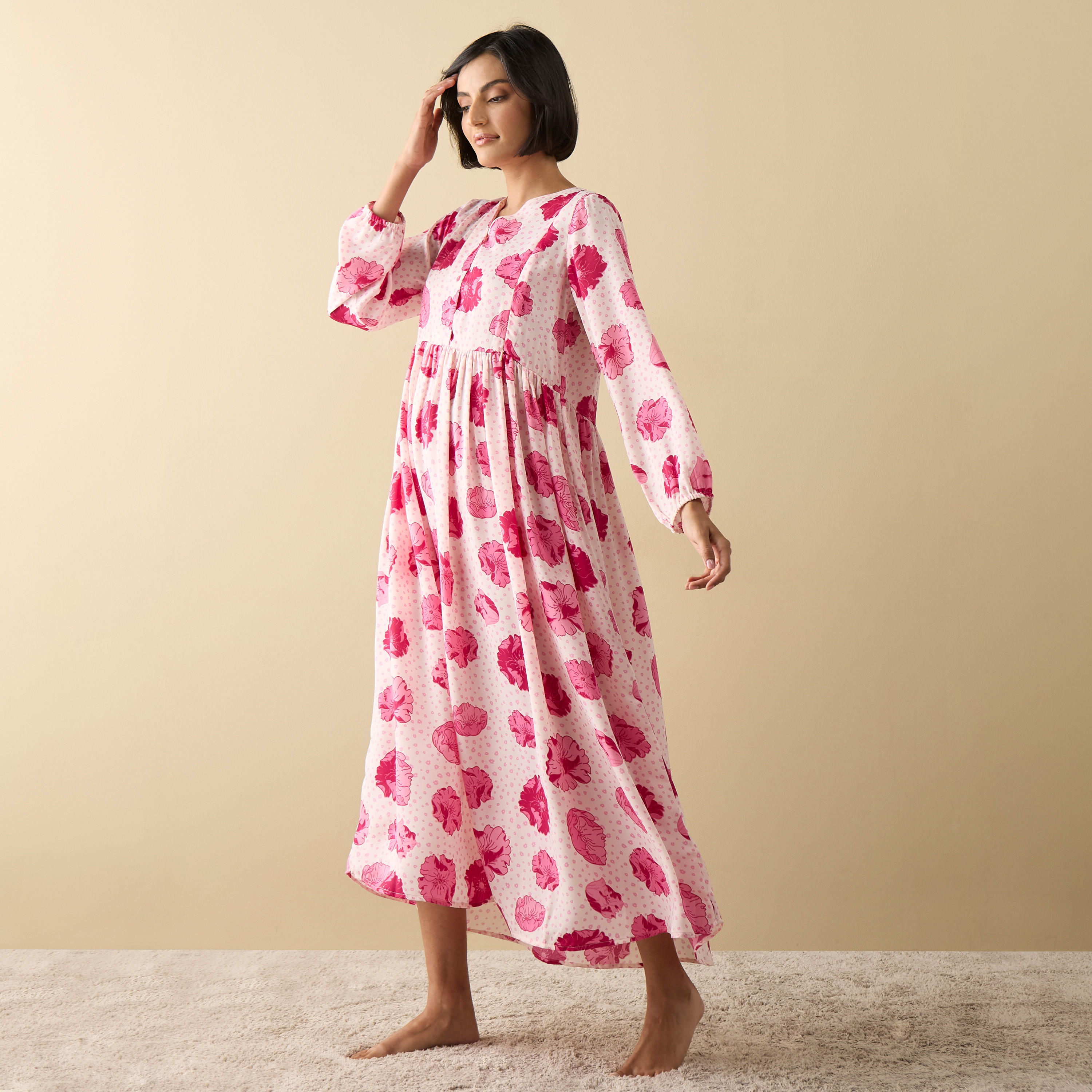 ثوب نوم بأكمام طويلة وطبعات أزهار-women-clothing-nightwear-nighties-image-1