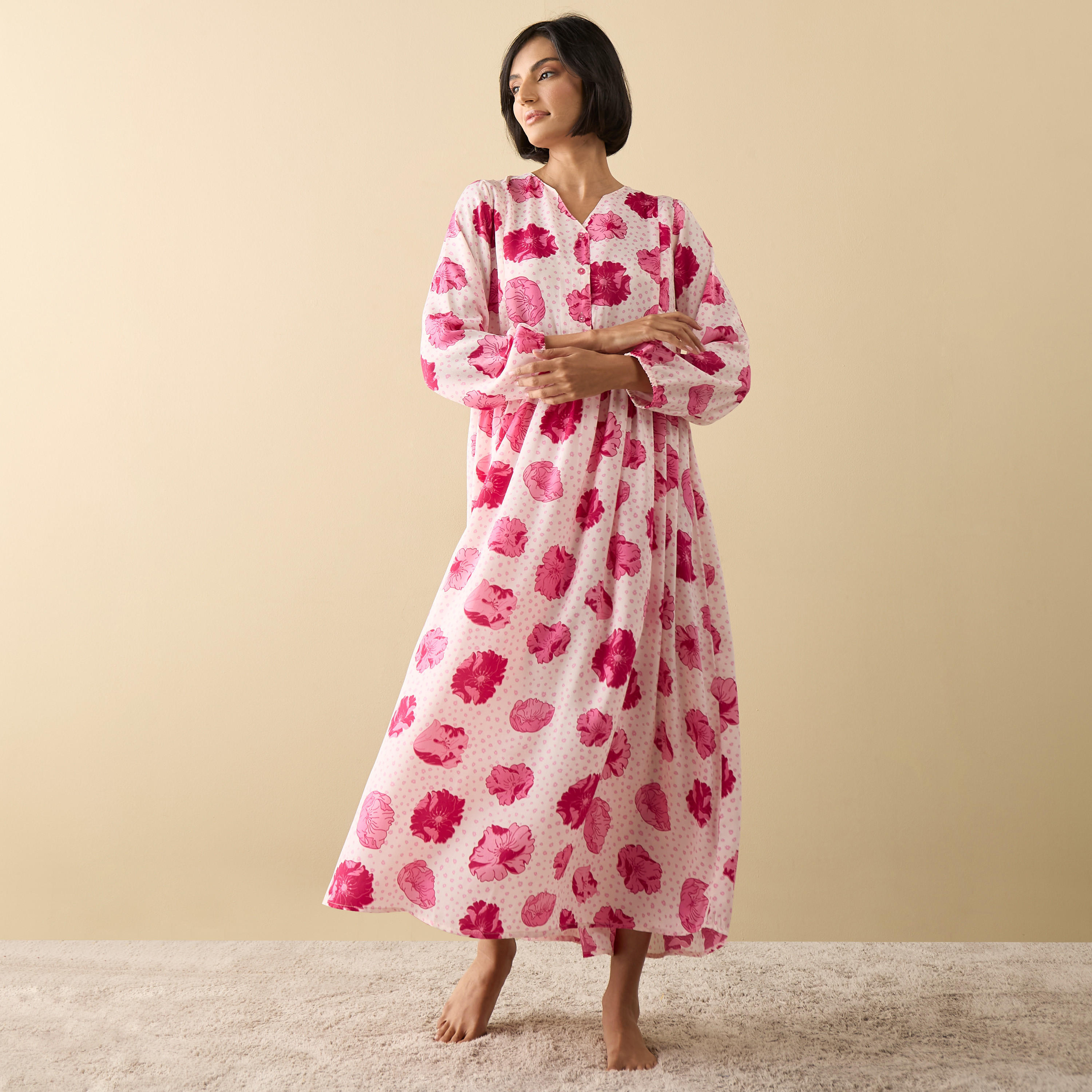 ثوب نوم بأكمام طويلة وطبعات أزهار-women-clothing-nightwear-nighties-image-2