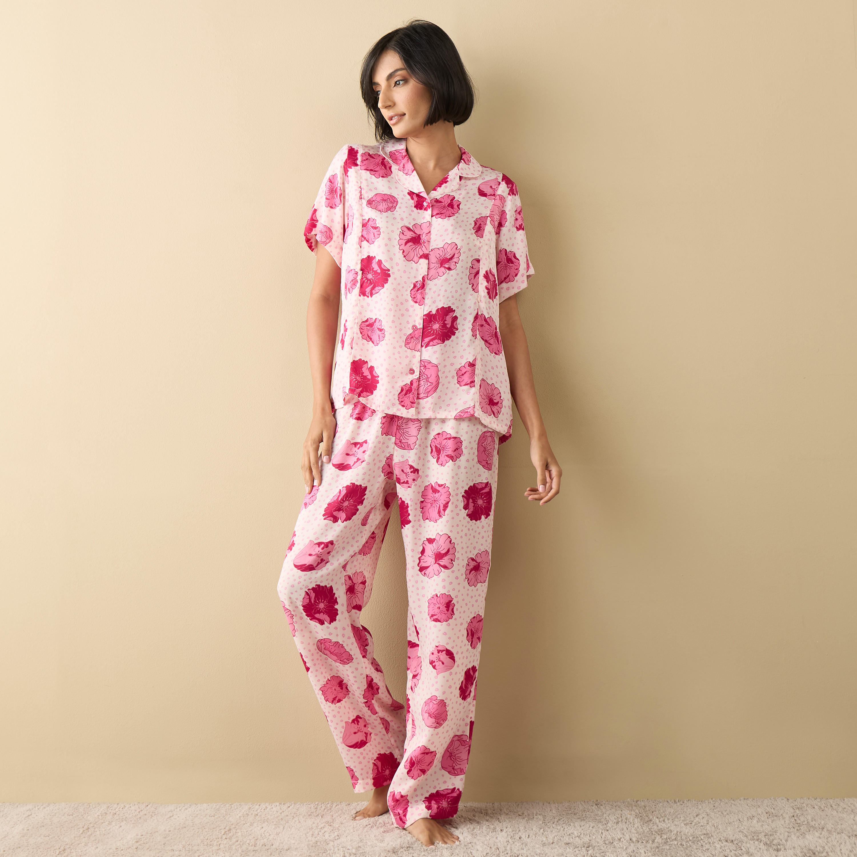 طقم بنطلون بيجاما وقميص بطبعات زهور-women-clothing-nightwear-pyjamas-longsets-image-1