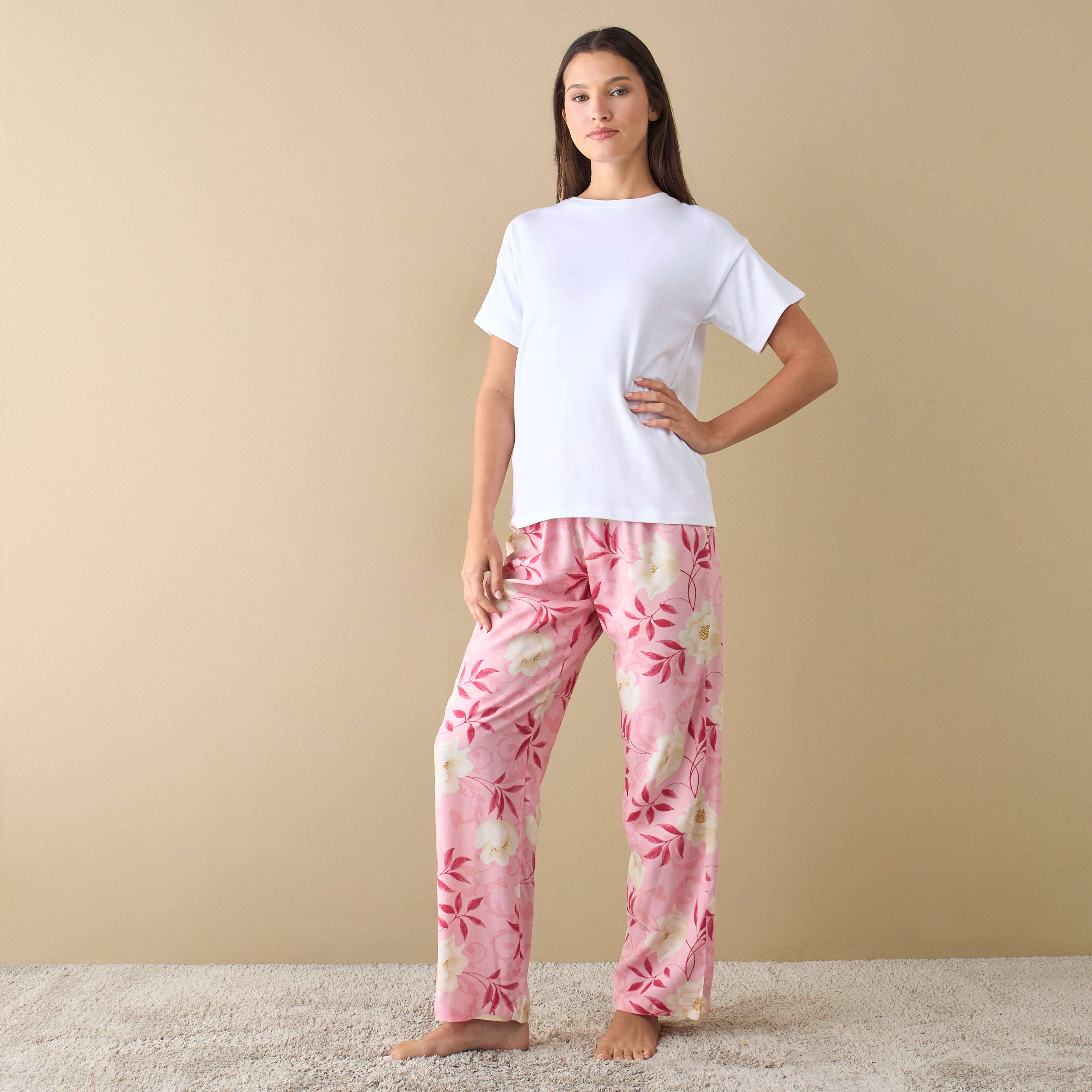 T-shirt and Floral Print Pyjama Set-women-clothing-nightwear-pyjamas-longsets-image-1