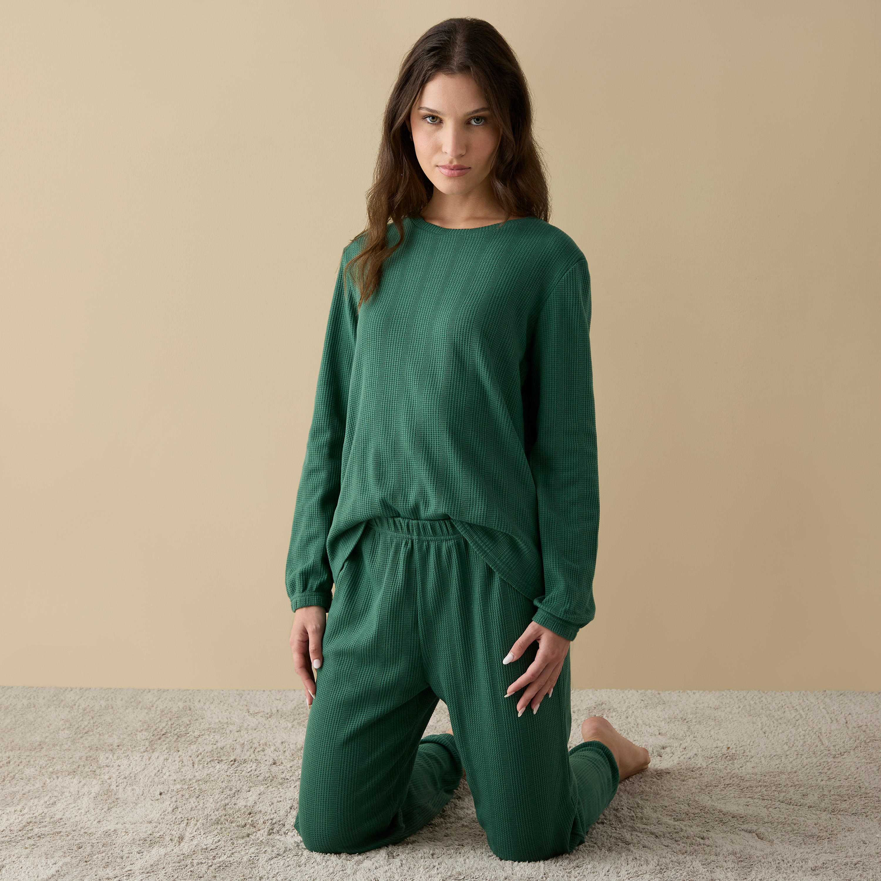 Waffle Textured Long Sleeve T-shirt and Elastciated Pyjama Set-women-clothing-nightwear-pyjamas-longsets-image-1