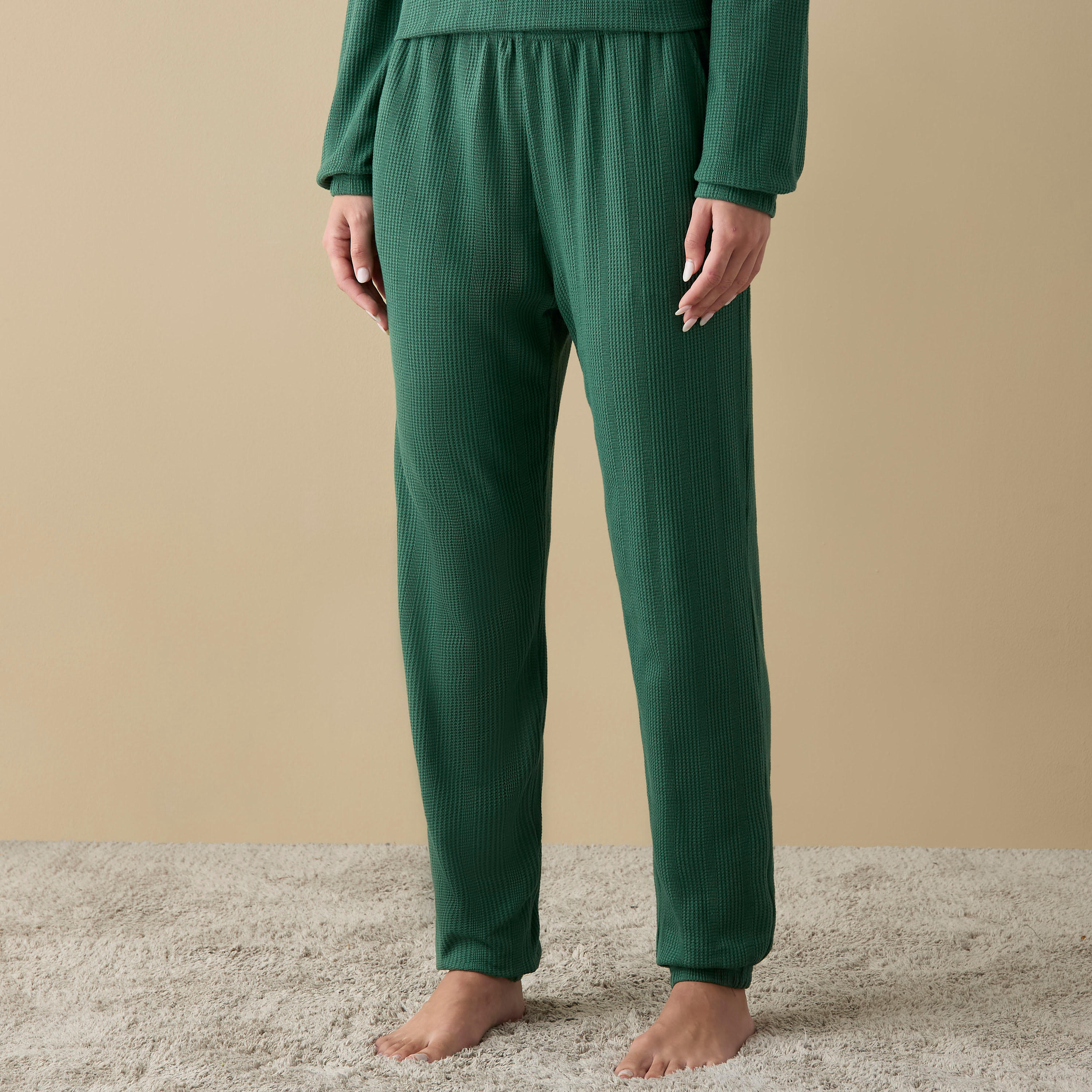 Waffle Textured Long Sleeve T-shirt and Elastciated Pyjama Set-women-clothing-nightwear-pyjamas-longsets-image-3