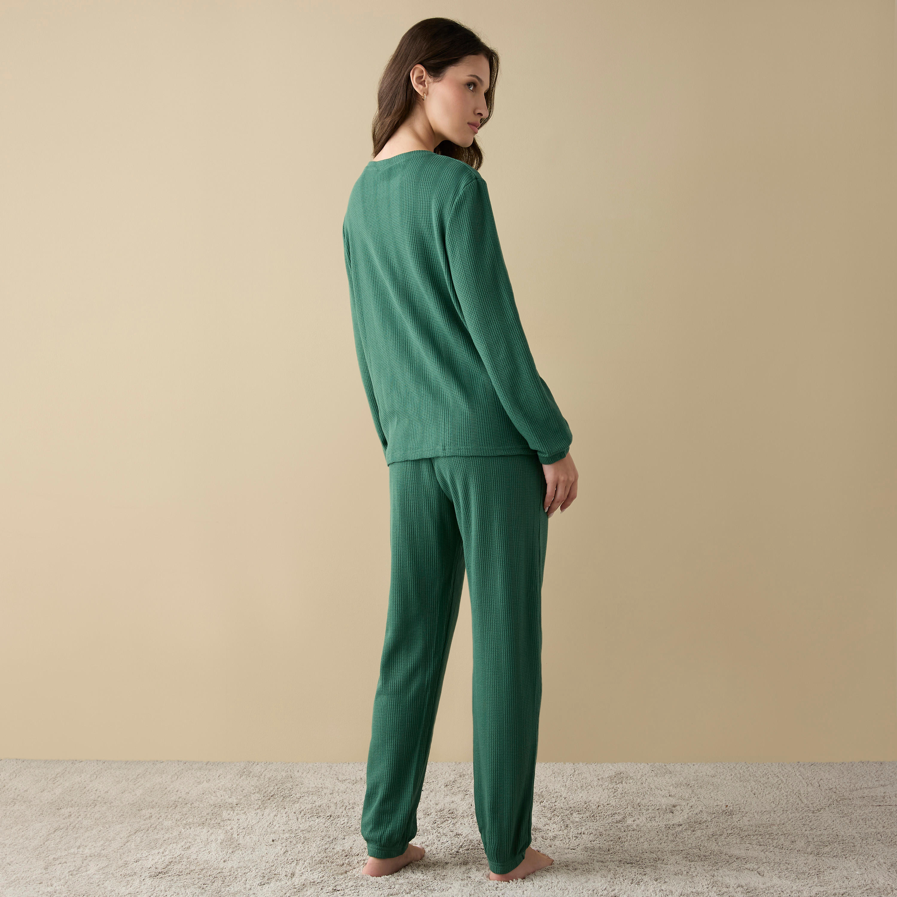 Waffle Textured Long Sleeve T-shirt and Elastciated Pyjama Set-women-clothing-nightwear-pyjamas-longsets-image-4