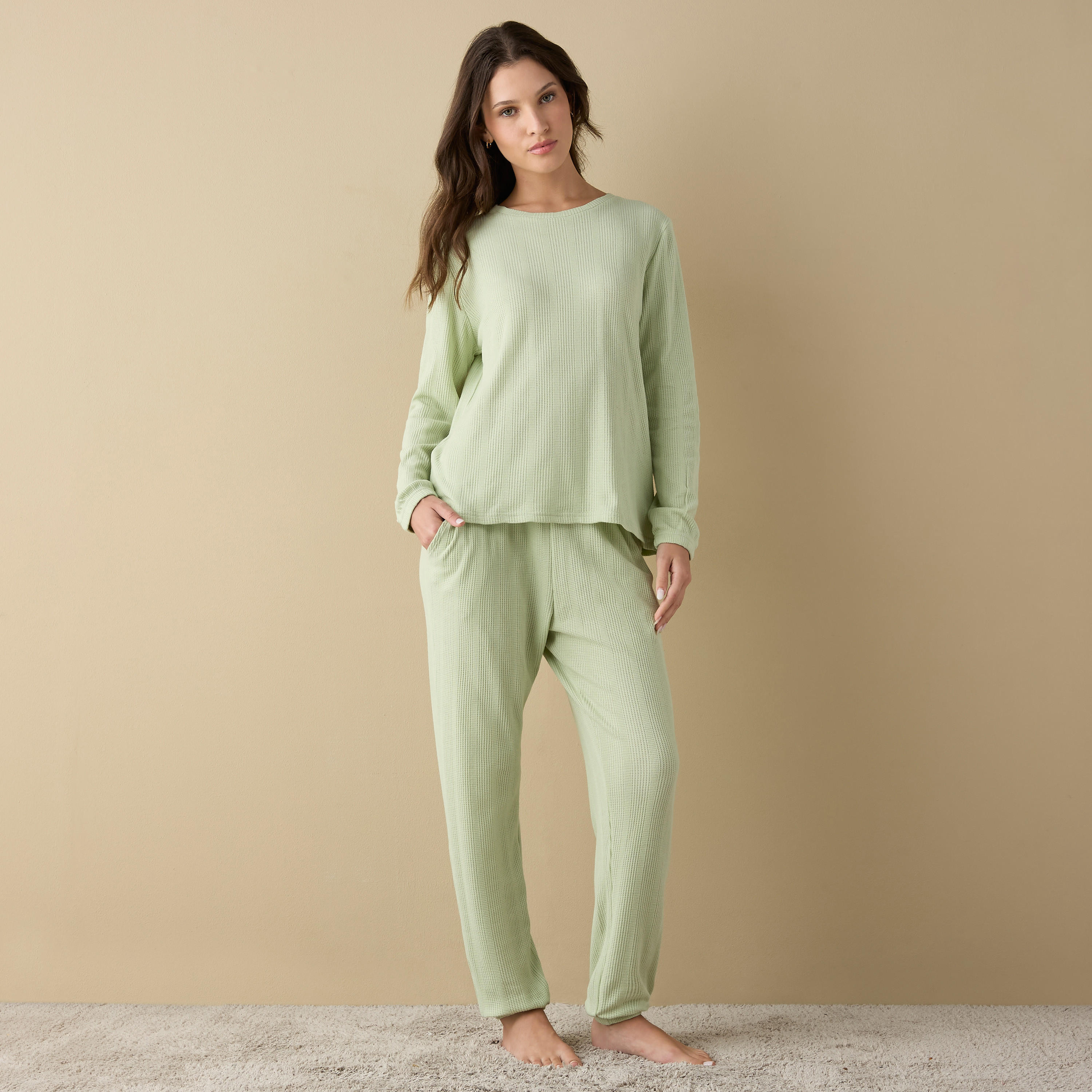 Waffle Textured Long Sleeve T-shirt and Elastciated Pyjama Set-women-clothing-nightwear-pyjamas-longsets-image-1