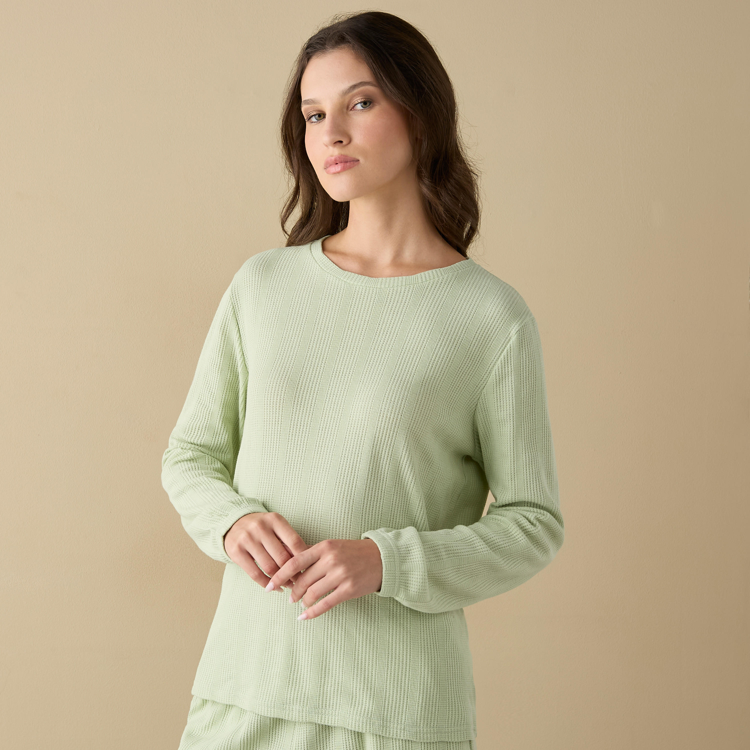 Waffle Textured Long Sleeve T-shirt and Elastciated Pyjama Set-women-clothing-nightwear-pyjamas-longsets-image-2