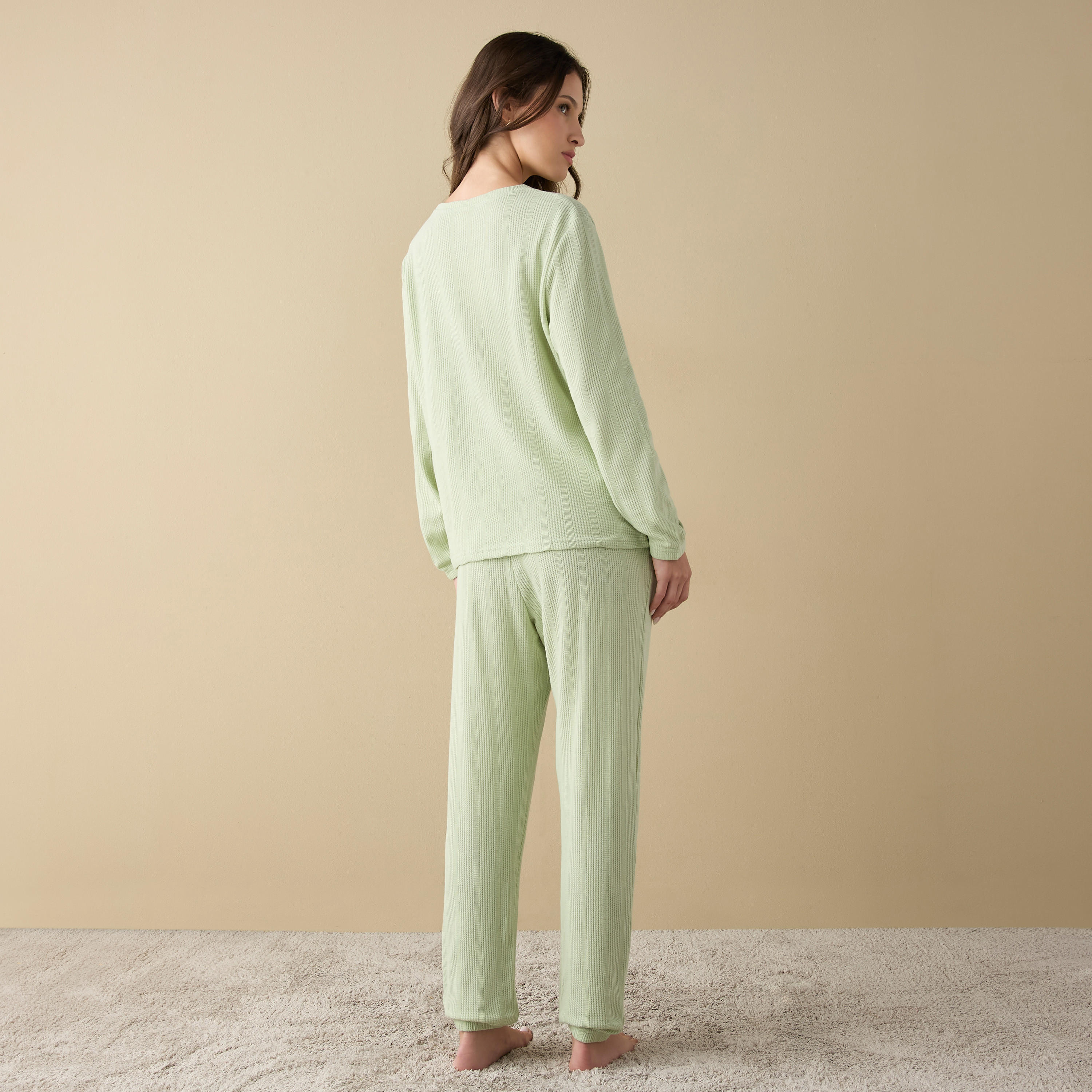 Waffle Textured Long Sleeve T-shirt and Elastciated Pyjama Set-women-clothing-nightwear-pyjamas-longsets-image-4