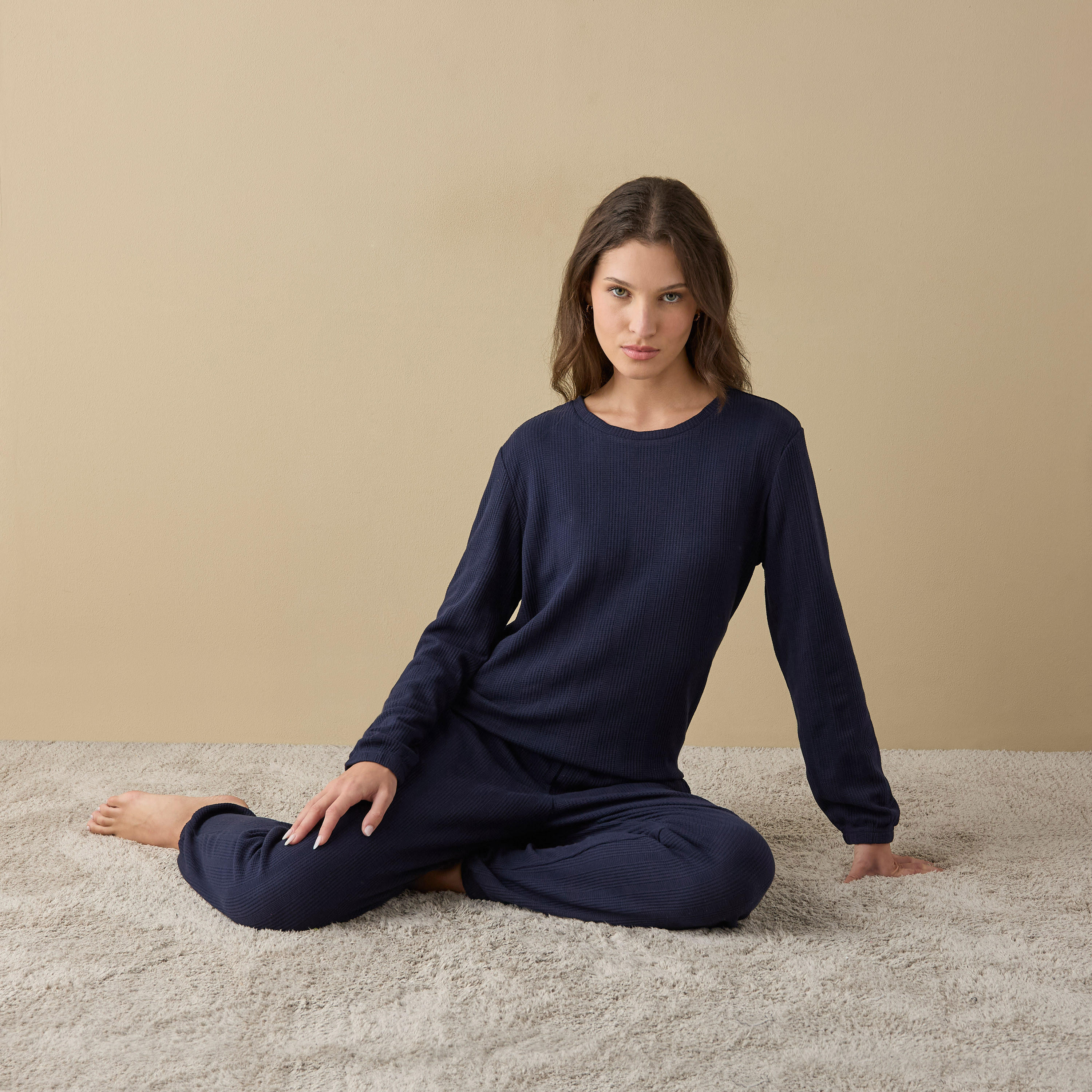 Waffle Textured Long Sleeve T-shirt and Elastciated Pyjama Set-women-clothing-nightwear-pyjamas-longsets-image-1