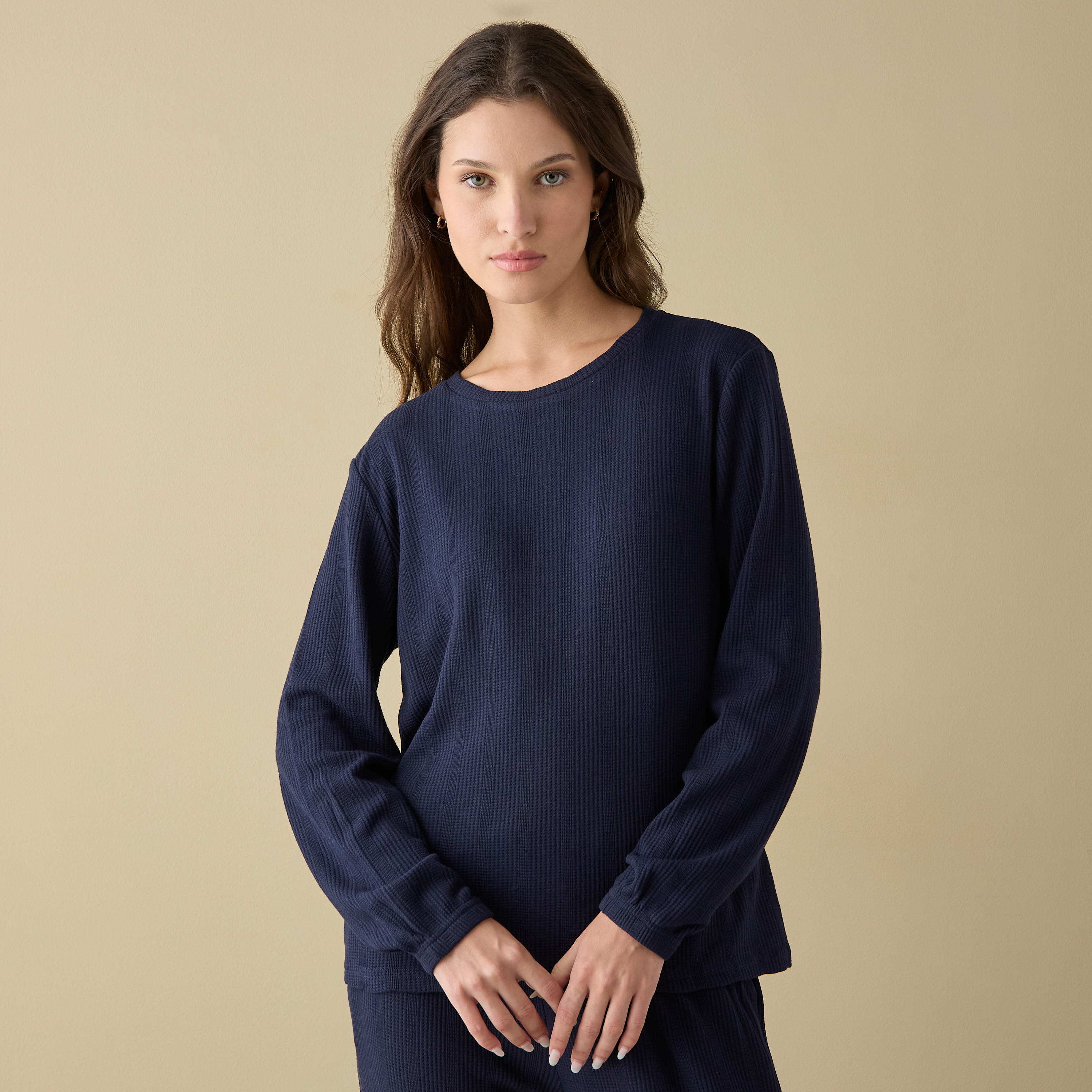 Waffle Textured Long Sleeve T-shirt and Elastciated Pyjama Set-women-clothing-nightwear-pyjamas-longsets-image-2