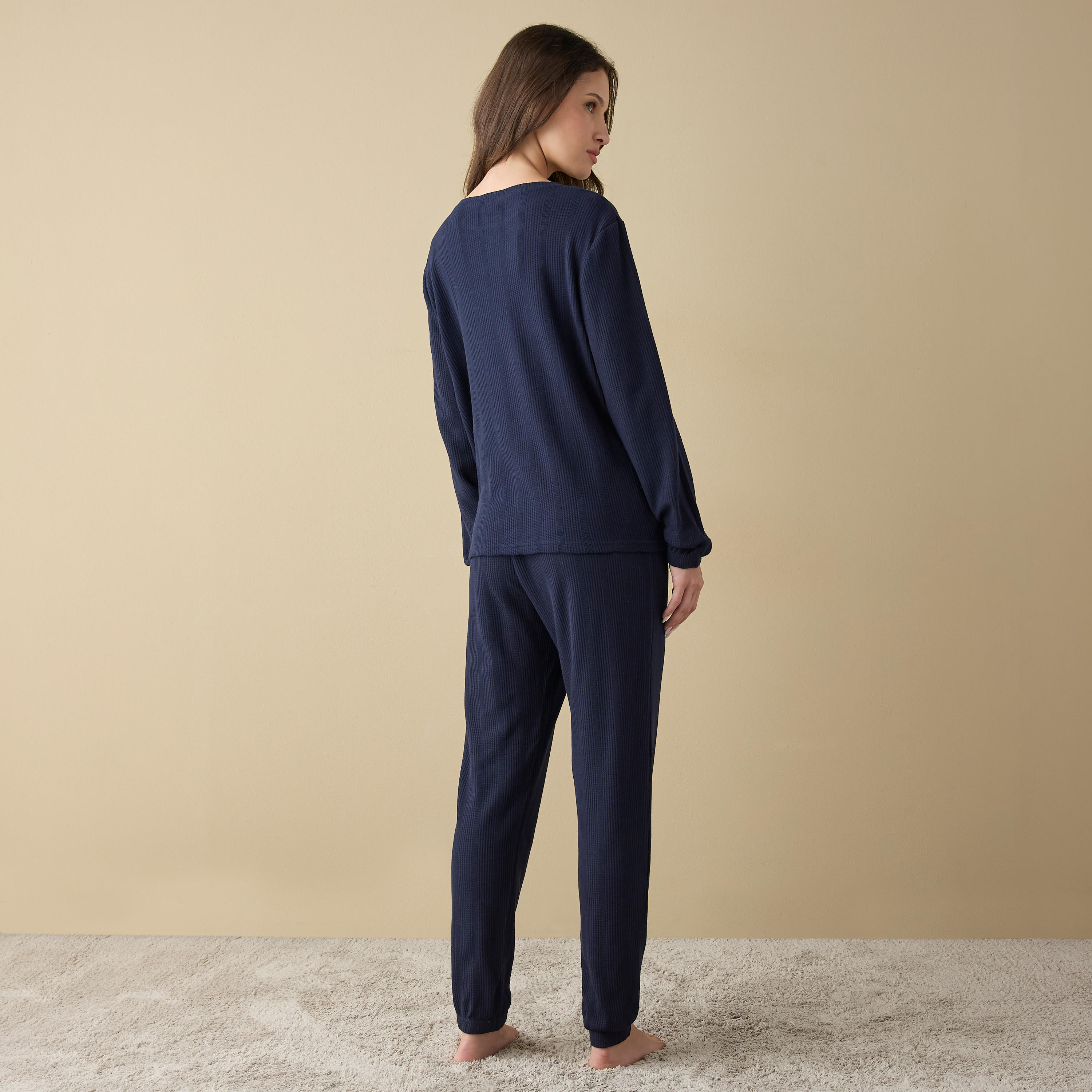Waffle Textured Long Sleeve T-shirt and Elastciated Pyjama Set-women-clothing-nightwear-pyjamas-longsets-image-4