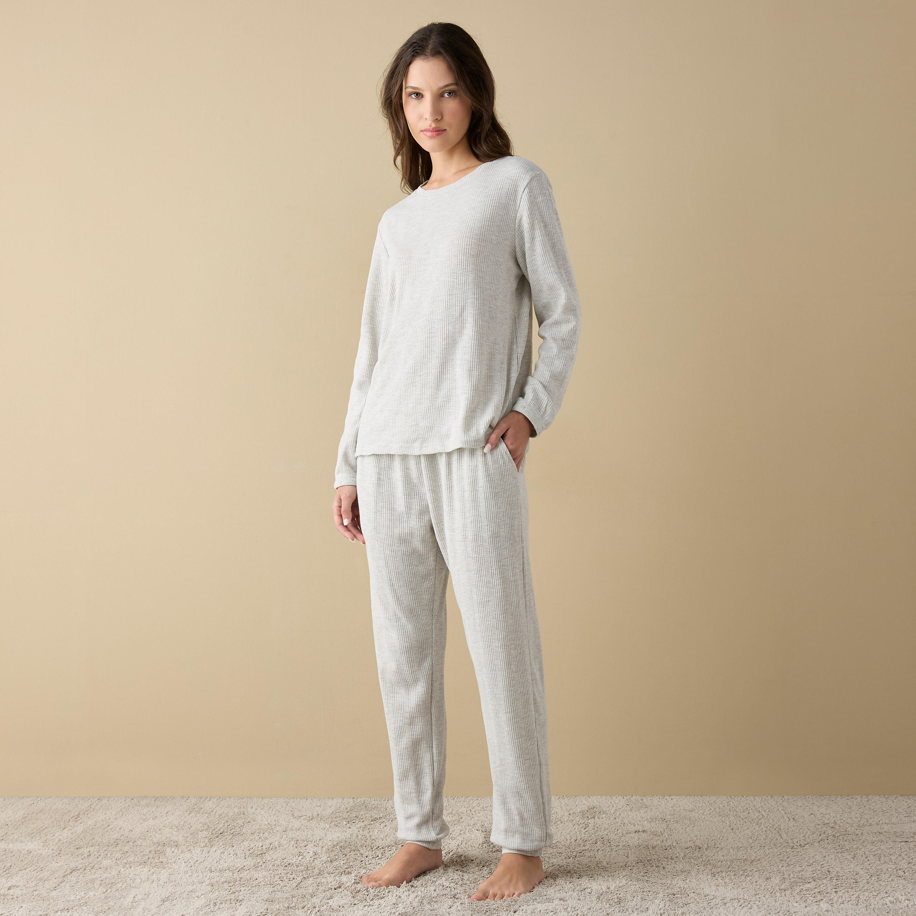 Waffle Textured Long Sleeve T-shirt and Elastciated Pyjama Set-women-clothing-nightwear-pyjamas-longsets-image-1