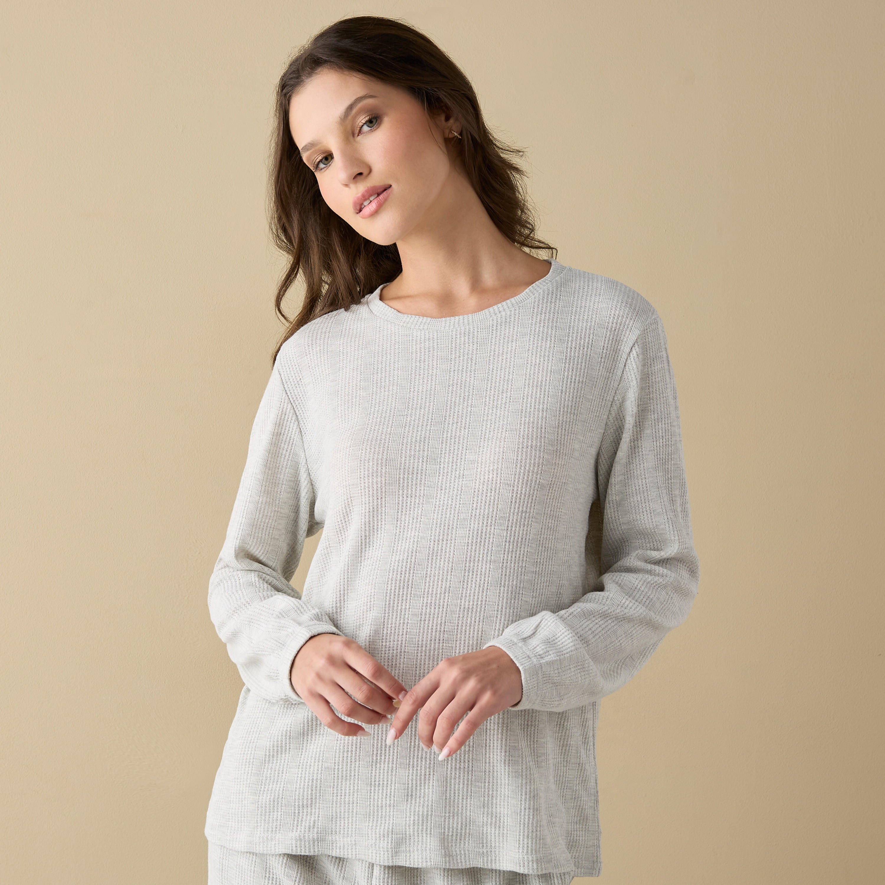 Waffle Textured Long Sleeve T-shirt and Elastciated Pyjama Set-women-clothing-nightwear-pyjamas-longsets-image-2