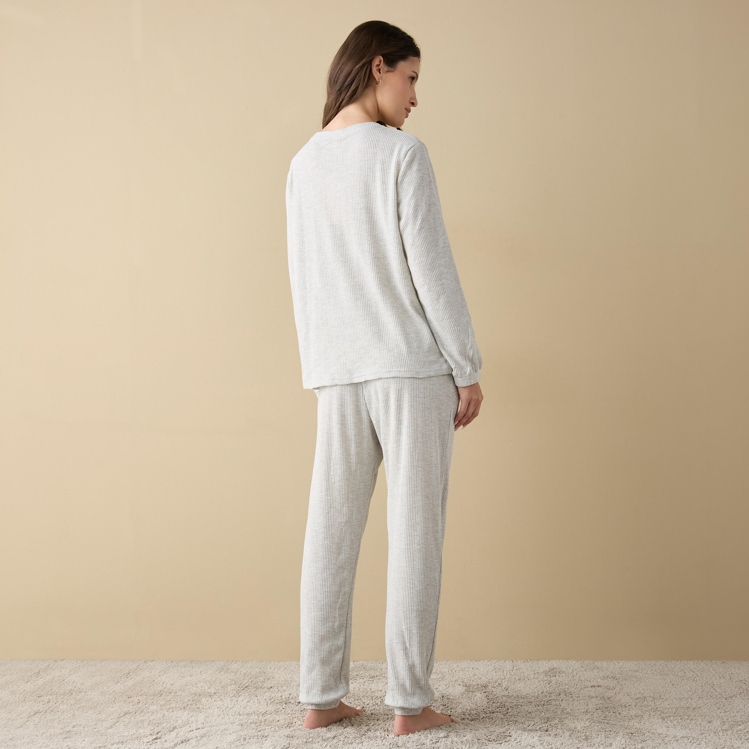 Waffle Textured Long Sleeve T-shirt and Elastciated Pyjama Set-women-clothing-nightwear-pyjamas-longsets-image-4