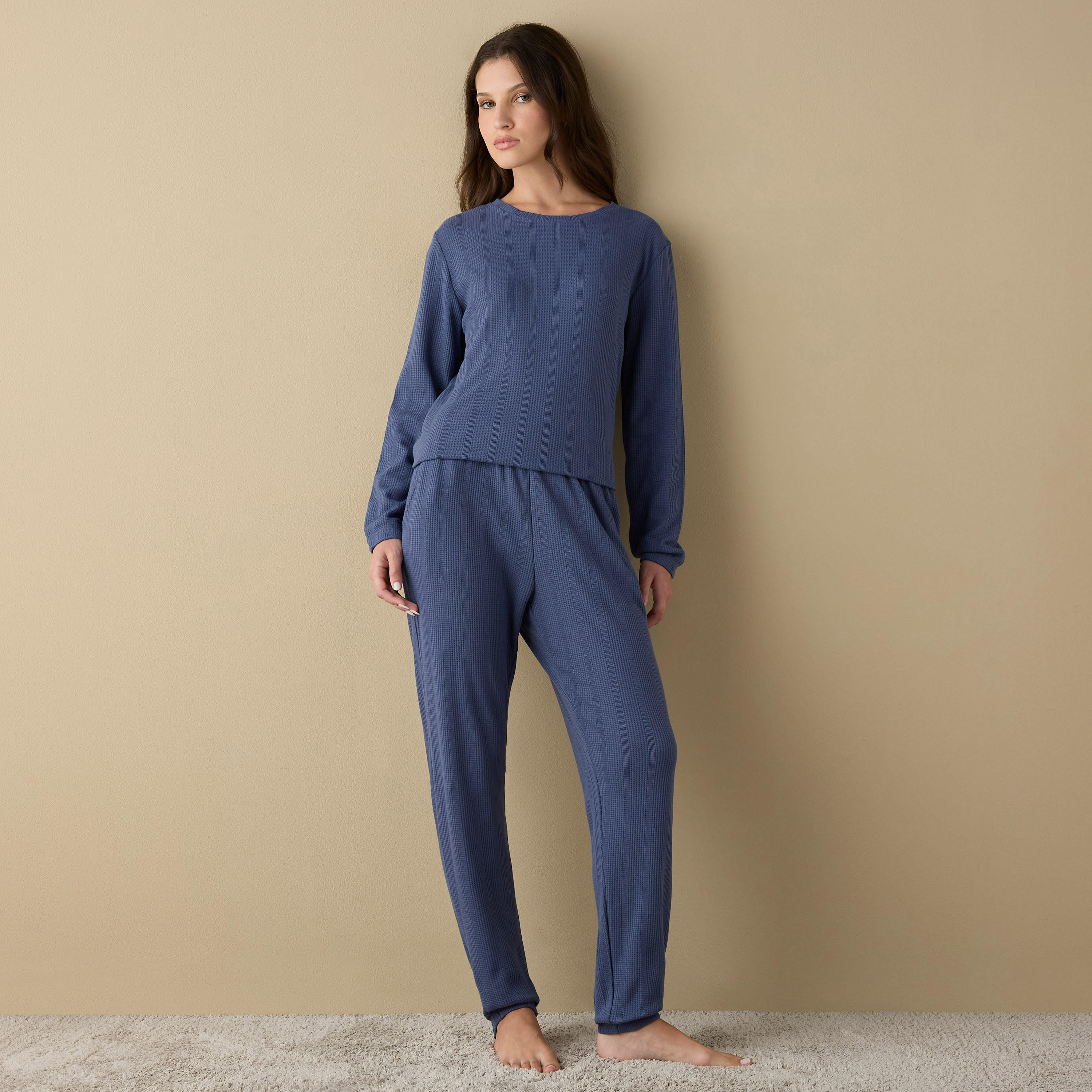 Waffle Textured Long Sleeve T-shirt and Elastciated Pyjama Set-women-clothing-nightwear-pyjamas-longsets-image-1