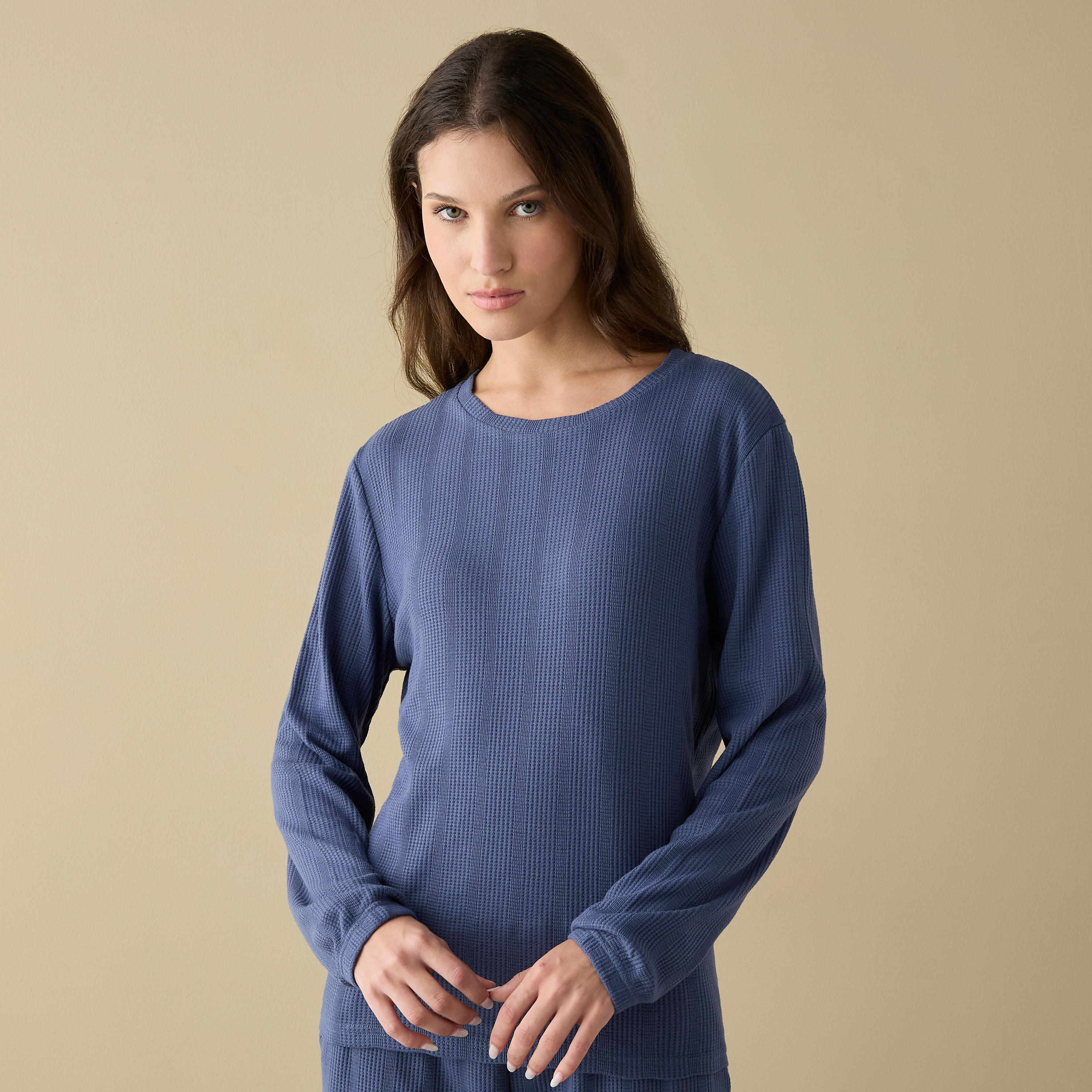 Waffle Textured Long Sleeve T-shirt and Elastciated Pyjama Set-women-clothing-nightwear-pyjamas-longsets-image-2