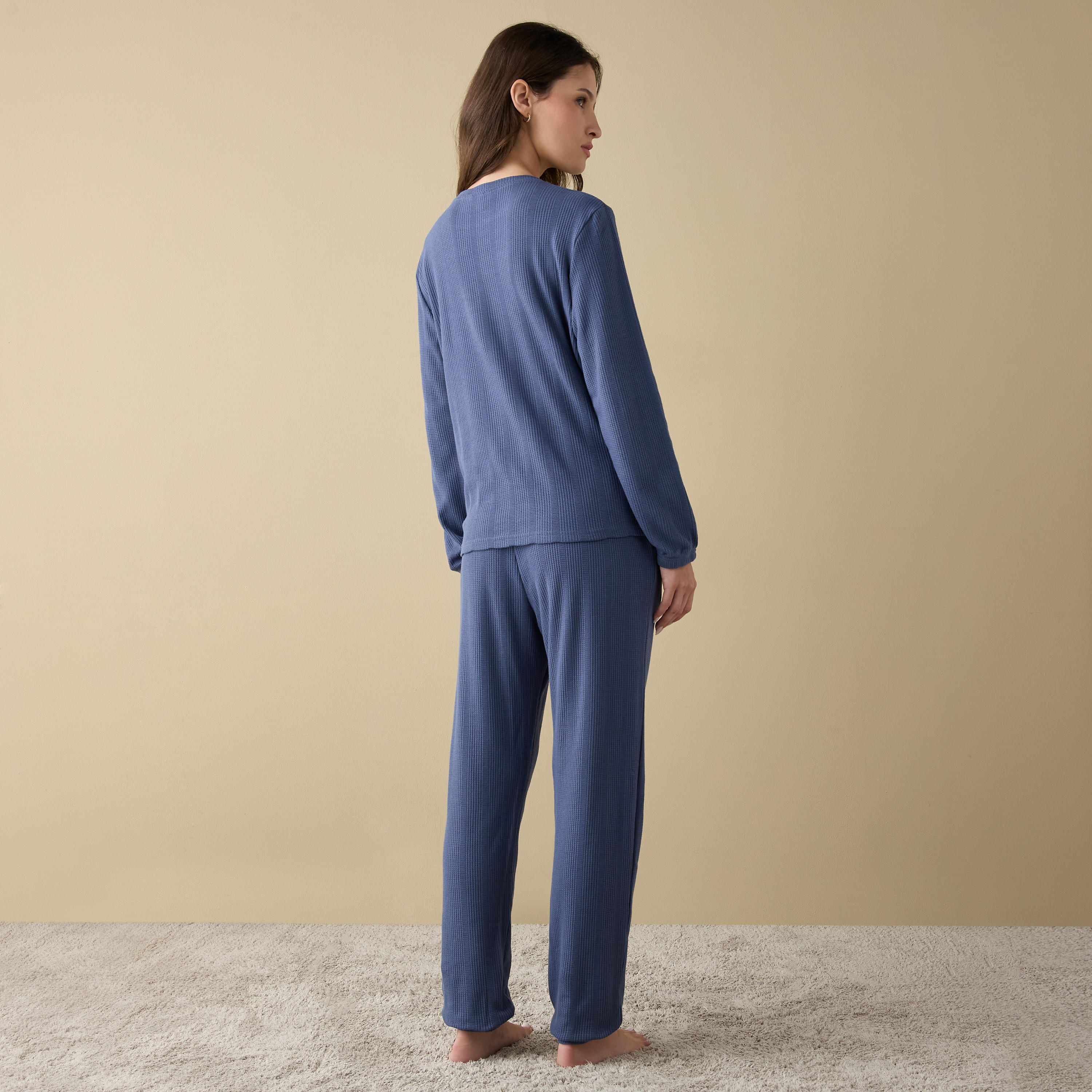 Waffle Textured Long Sleeve T-shirt and Elastciated Pyjama Set-women-clothing-nightwear-pyjamas-longsets-image-4