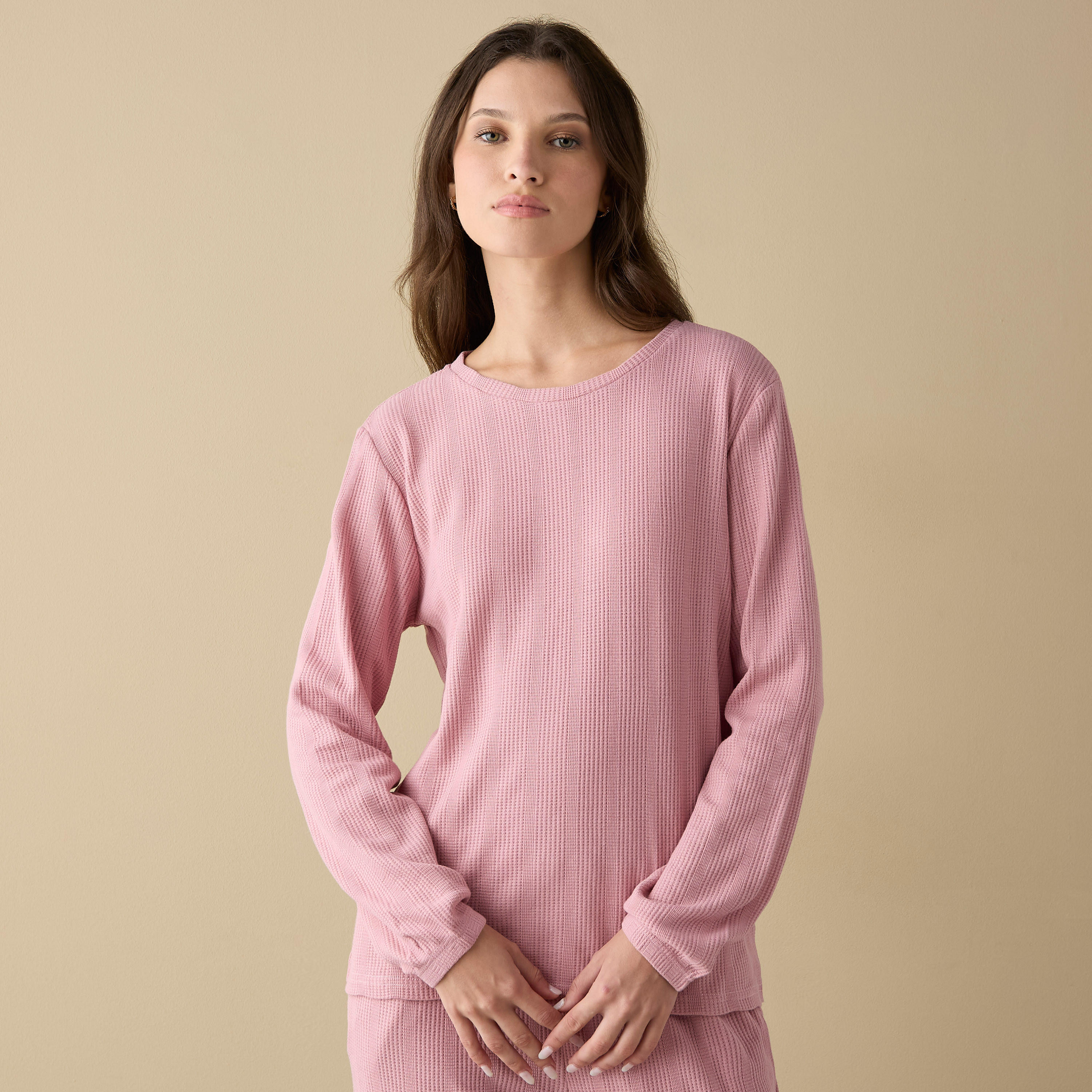Waffle Textured Long Sleeve T-shirt and Elastciated Pyjama Set-women-clothing-nightwear-pyjamas-longsets-image-2