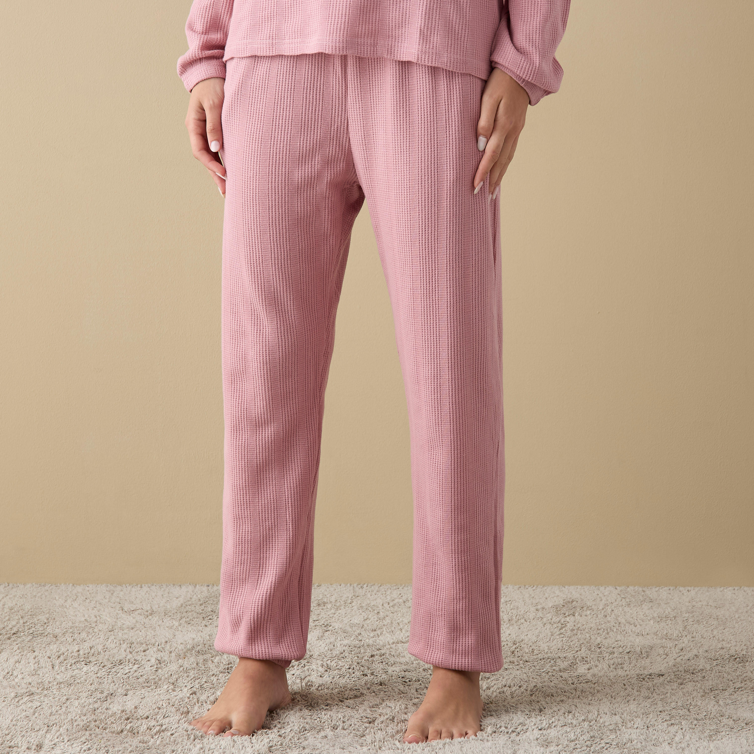 Waffle Textured Long Sleeve T-shirt and Elastciated Pyjama Set-women-clothing-nightwear-pyjamas-longsets-image-3