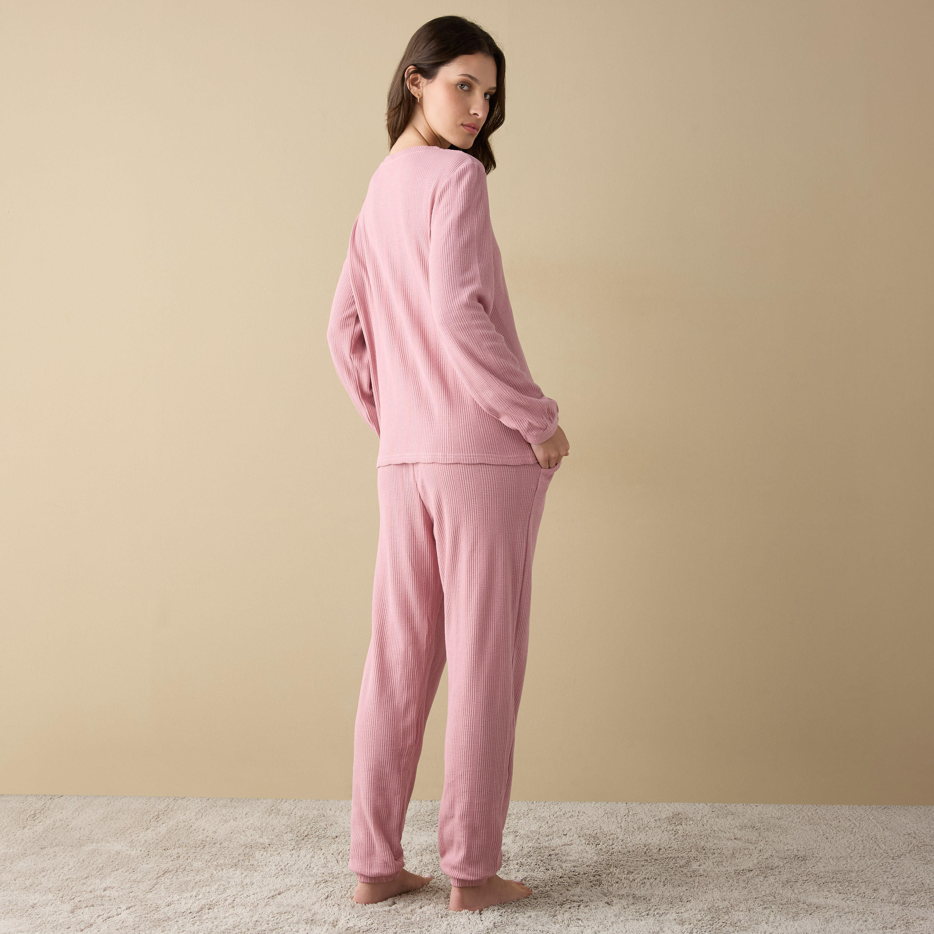 Waffle Textured Long Sleeve T-shirt and Elastciated Pyjama Set-women-clothing-nightwear-pyjamas-longsets-image-4