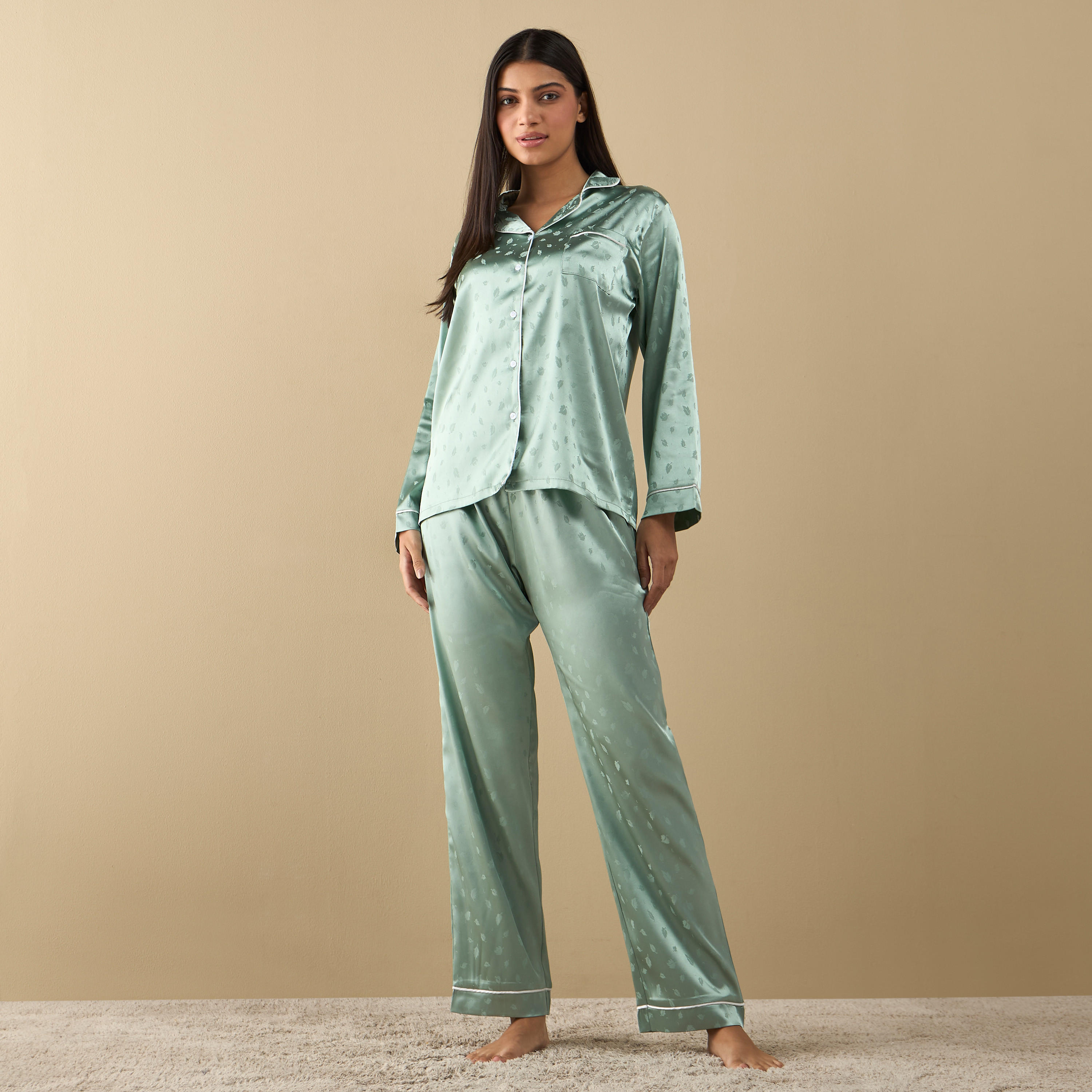 All-Over Leaf Print Long Sleeve Shirt and Elasticated Pyjama Set-women-clothing-nightwear-pyjamas-longsets-image-1