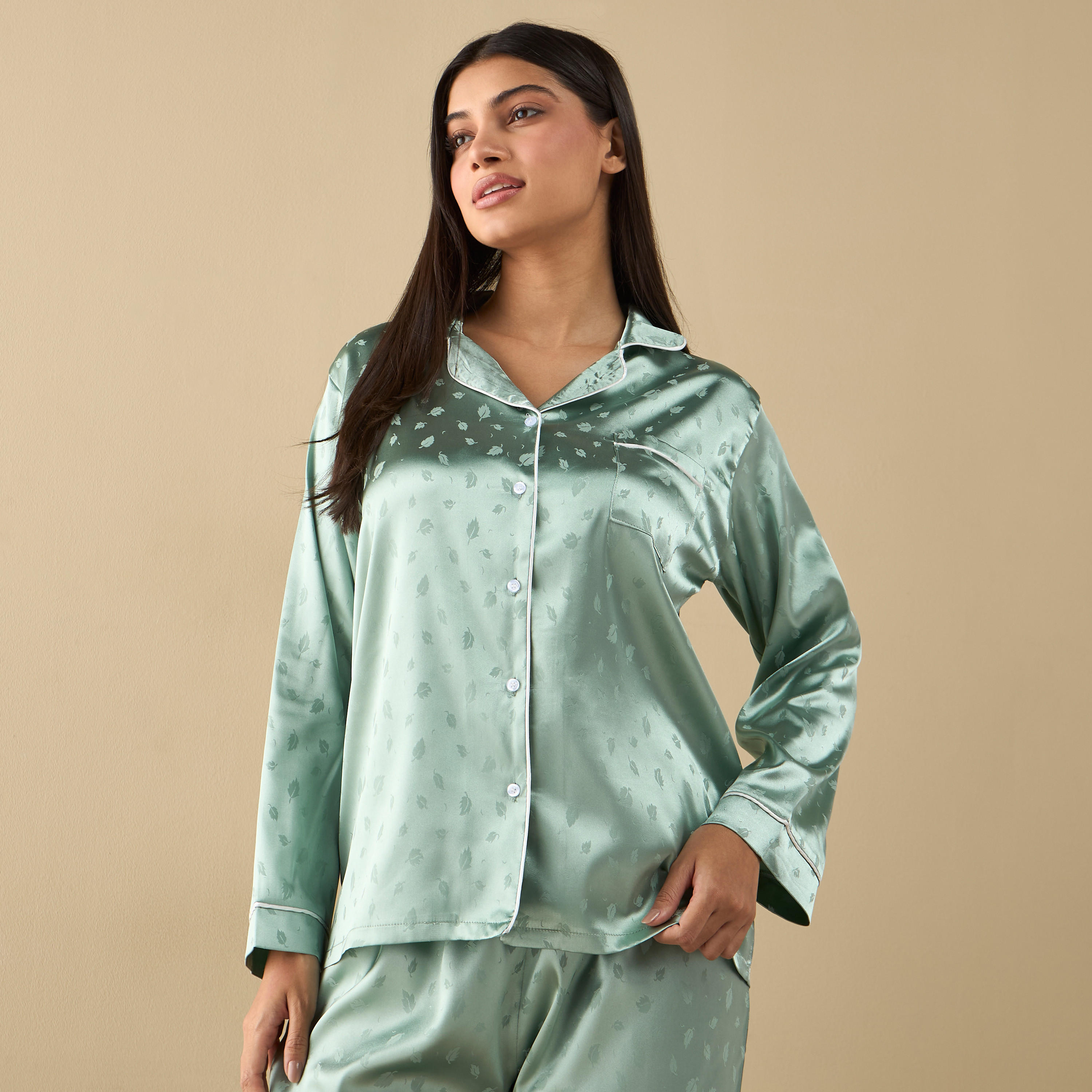 All-Over Leaf Print Long Sleeve Shirt and Elasticated Pyjama Set-women-clothing-nightwear-pyjamas-longsets-image-2