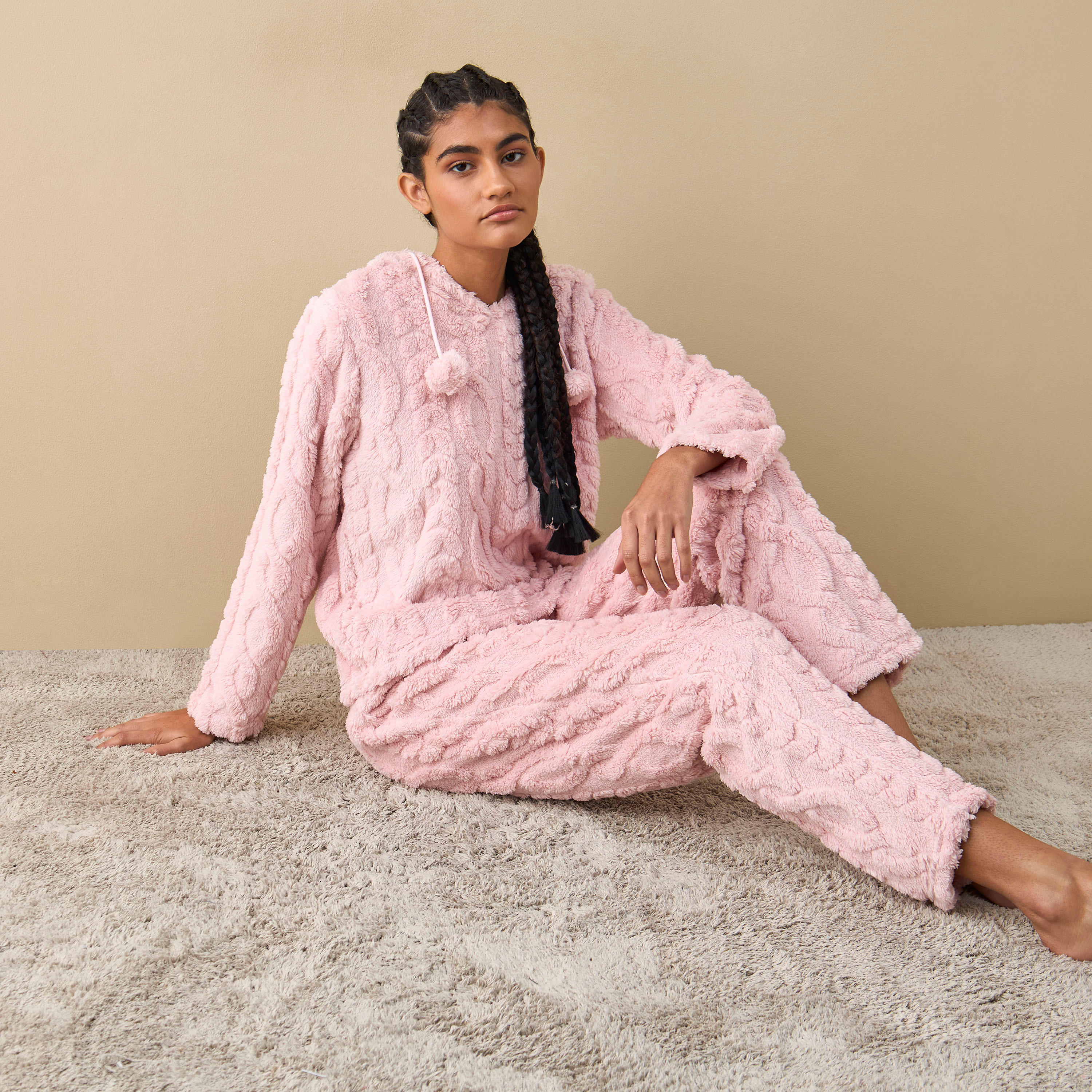 طقم بنطلون بيجاما وبلوزة بارزة الملمس بقبعة-women-clothing-nightwear-pyjamas-longsets-image-2