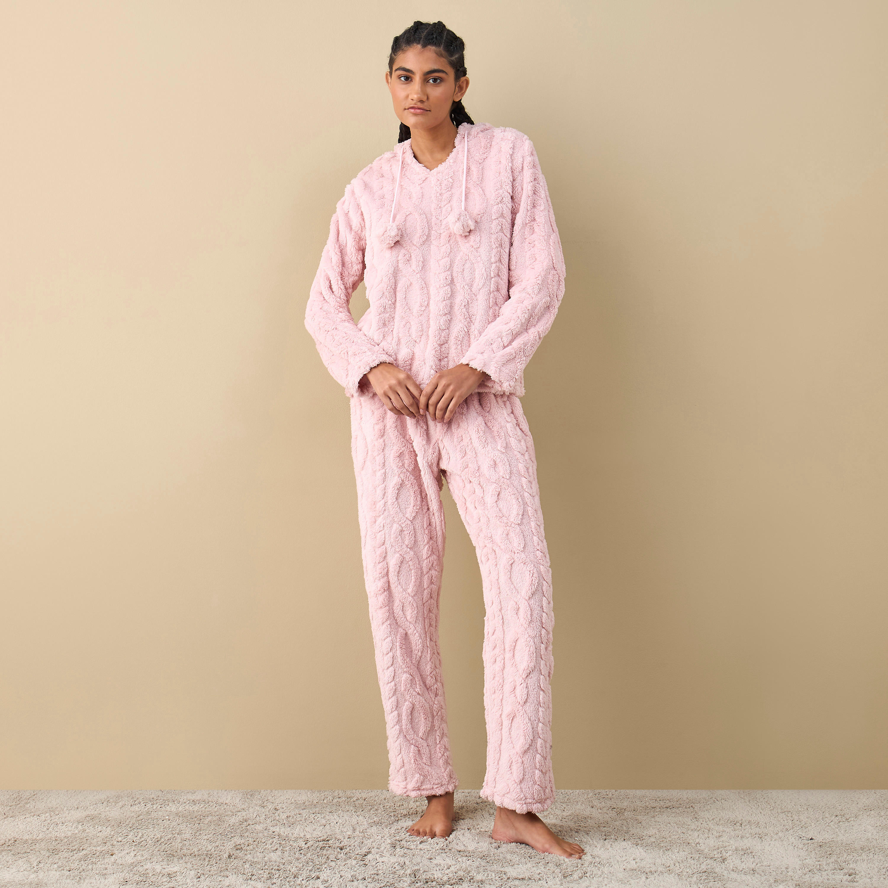 طقم بنطلون بيجاما وبلوزة بارزة الملمس بقبعة-women-clothing-nightwear-pyjamas-longsets-image-1