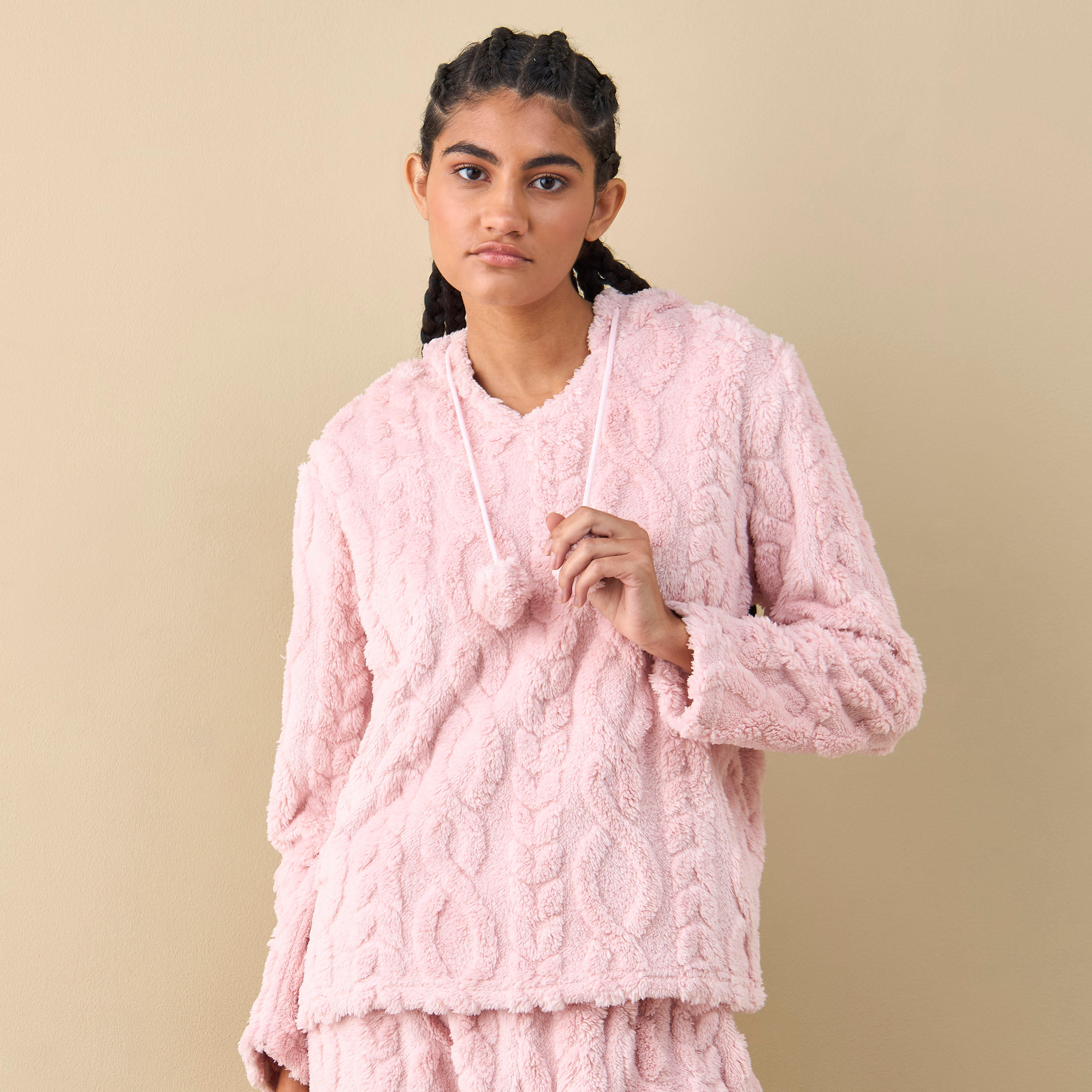 طقم بنطلون بيجاما وبلوزة بارزة الملمس بقبعة-women-clothing-nightwear-pyjamas-longsets-image-3