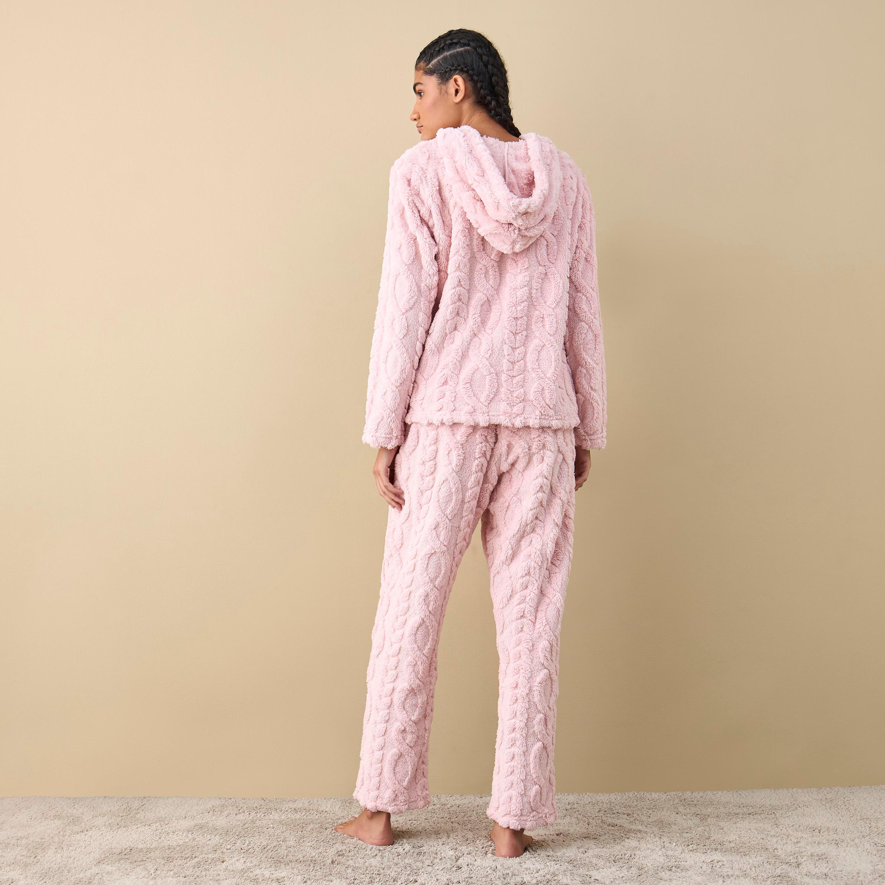 طقم بنطلون بيجاما وبلوزة بارزة الملمس بقبعة-women-clothing-nightwear-pyjamas-longsets-image-5
