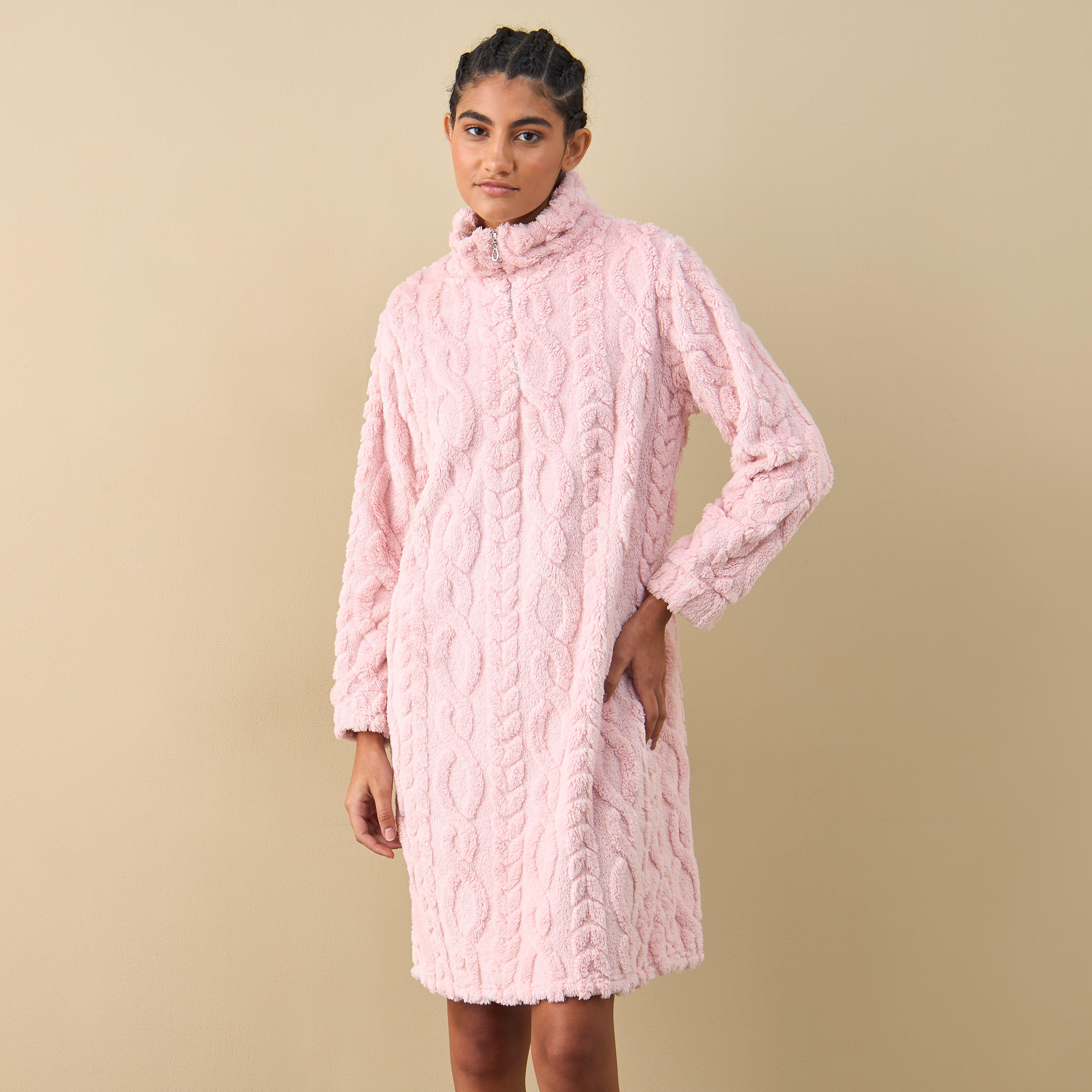 قميص نوم بارز الملمس بأكمام طويلة ونصف سحّاب إغلاق-women-clothing-nightwear-nighties-image-1