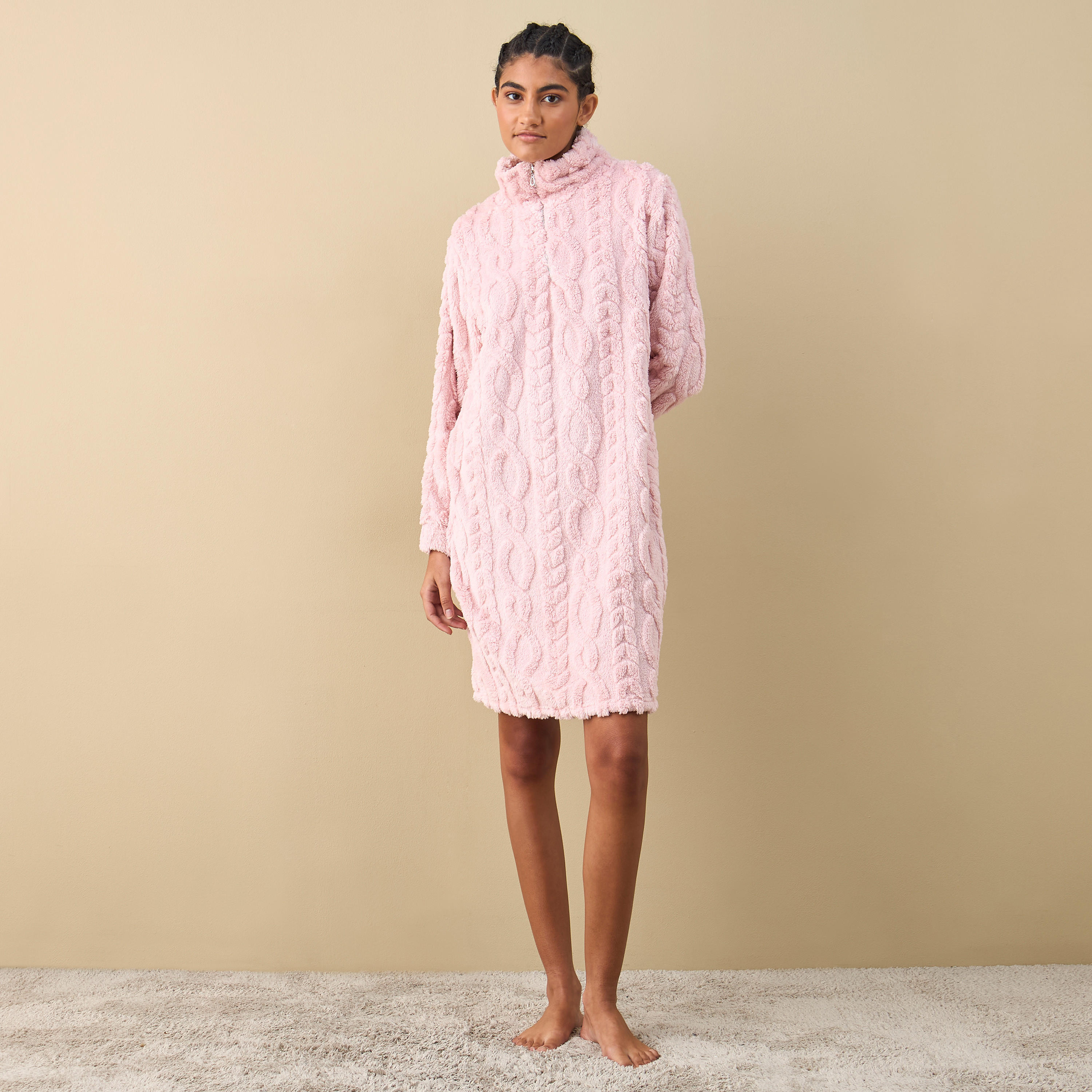 قميص نوم بارز الملمس بأكمام طويلة ونصف سحّاب إغلاق-women-clothing-nightwear-nighties-image-2