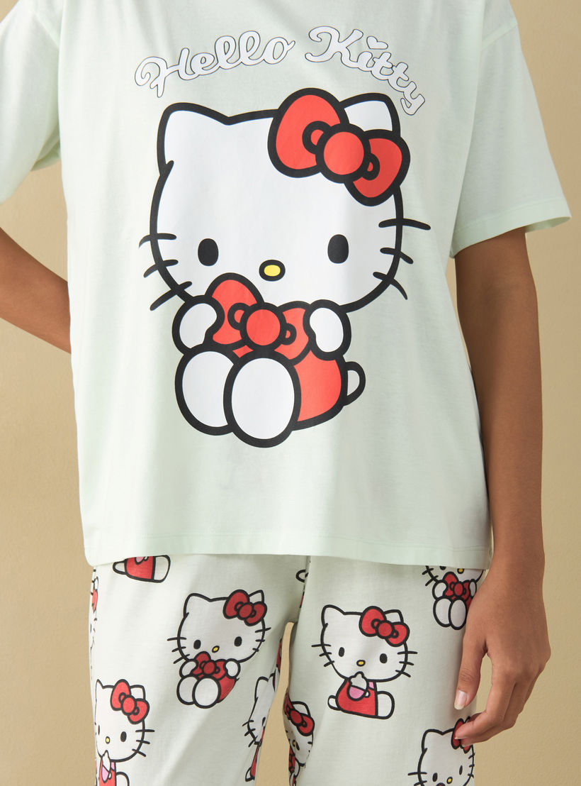 طقم بنطلون بيجاما وتيشيرت بطبعات هالو كيتي-women-clothing-nightwear-pyjamas-longsets-image-1