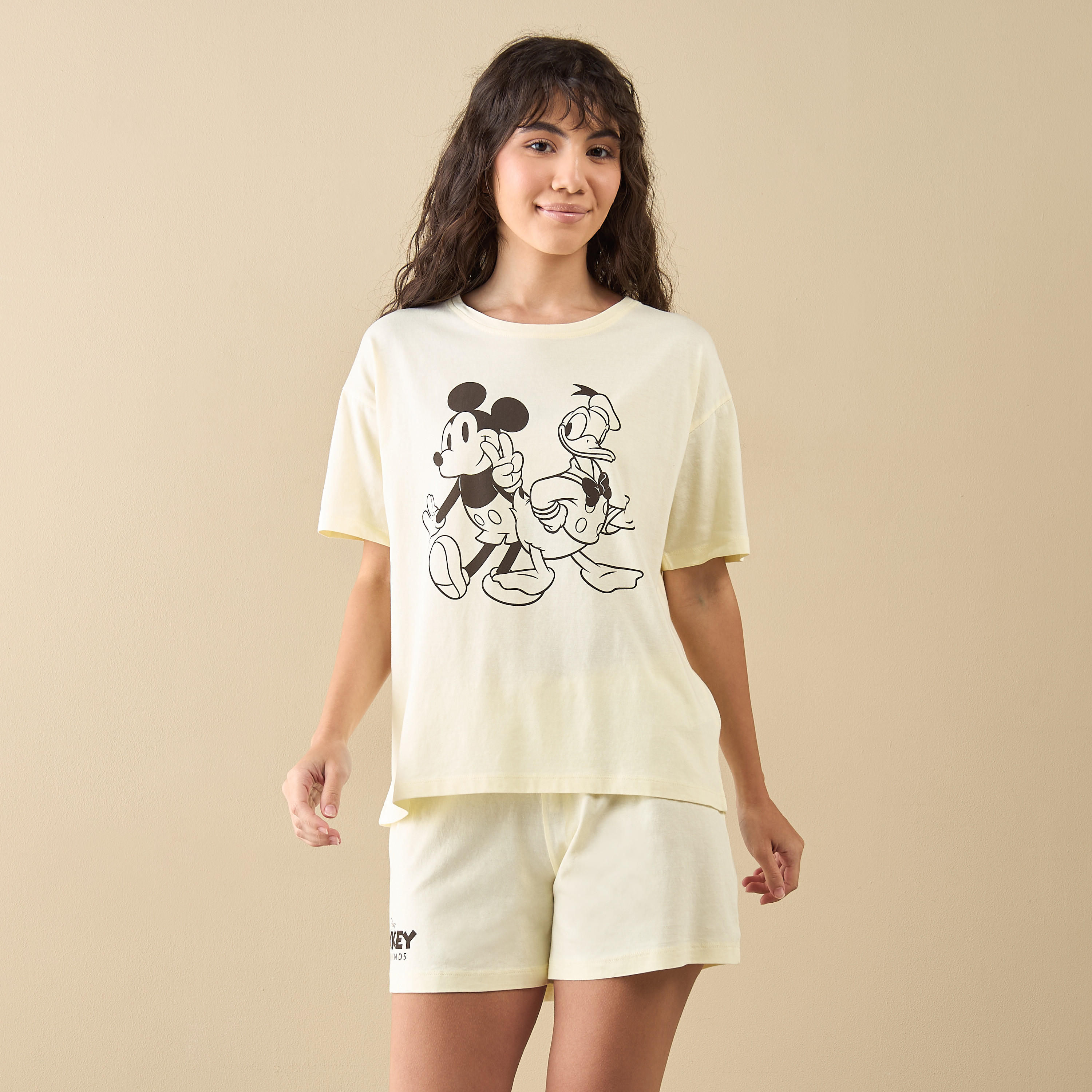 Mickey and Donald Print T-shirt and Shorts Set-women-clothing-nightwear-pyjamas-shortsets-image-1