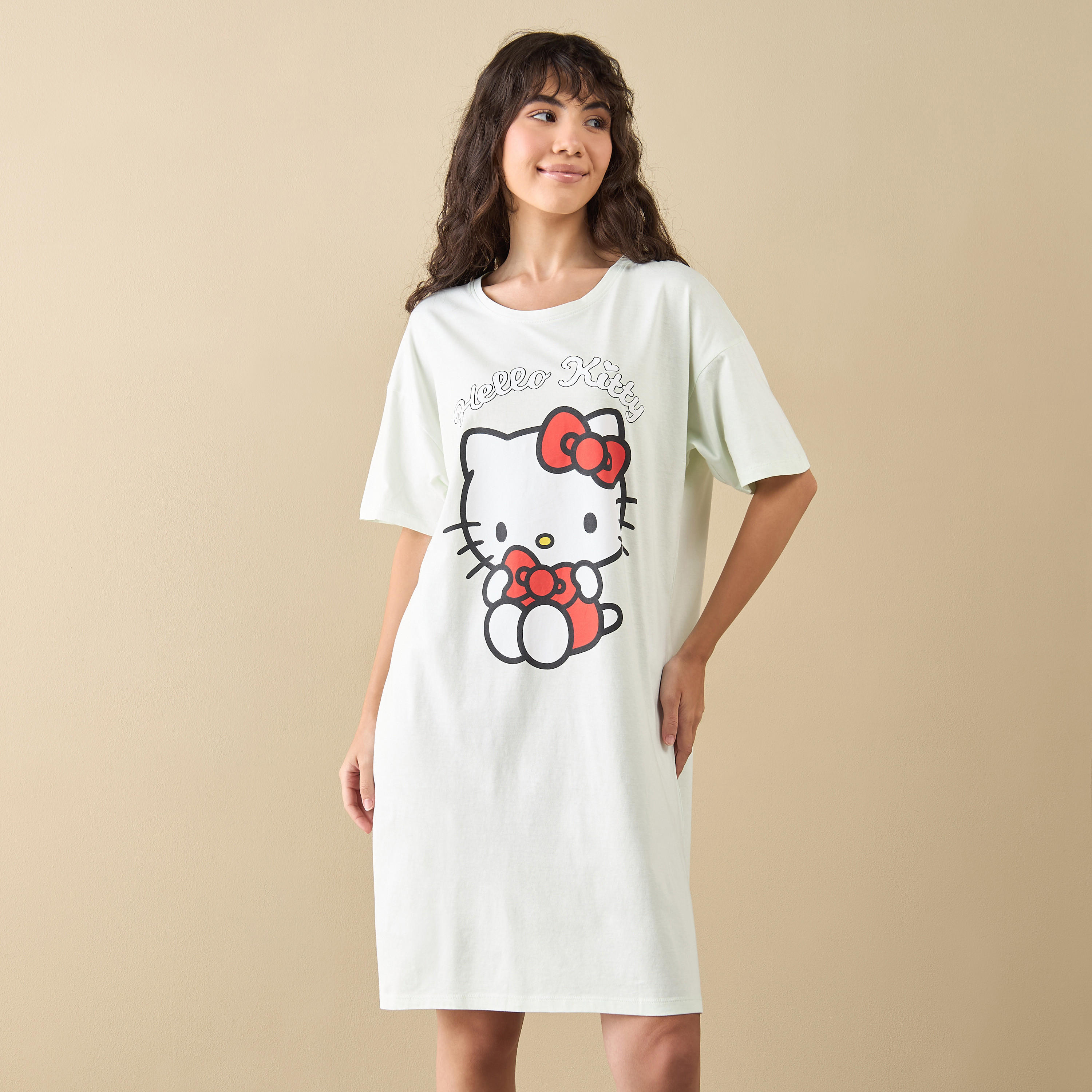 Hello Kitty Print Sleepshirt with Short Sleeves-women-clothing-nightwear-nighties-image-1