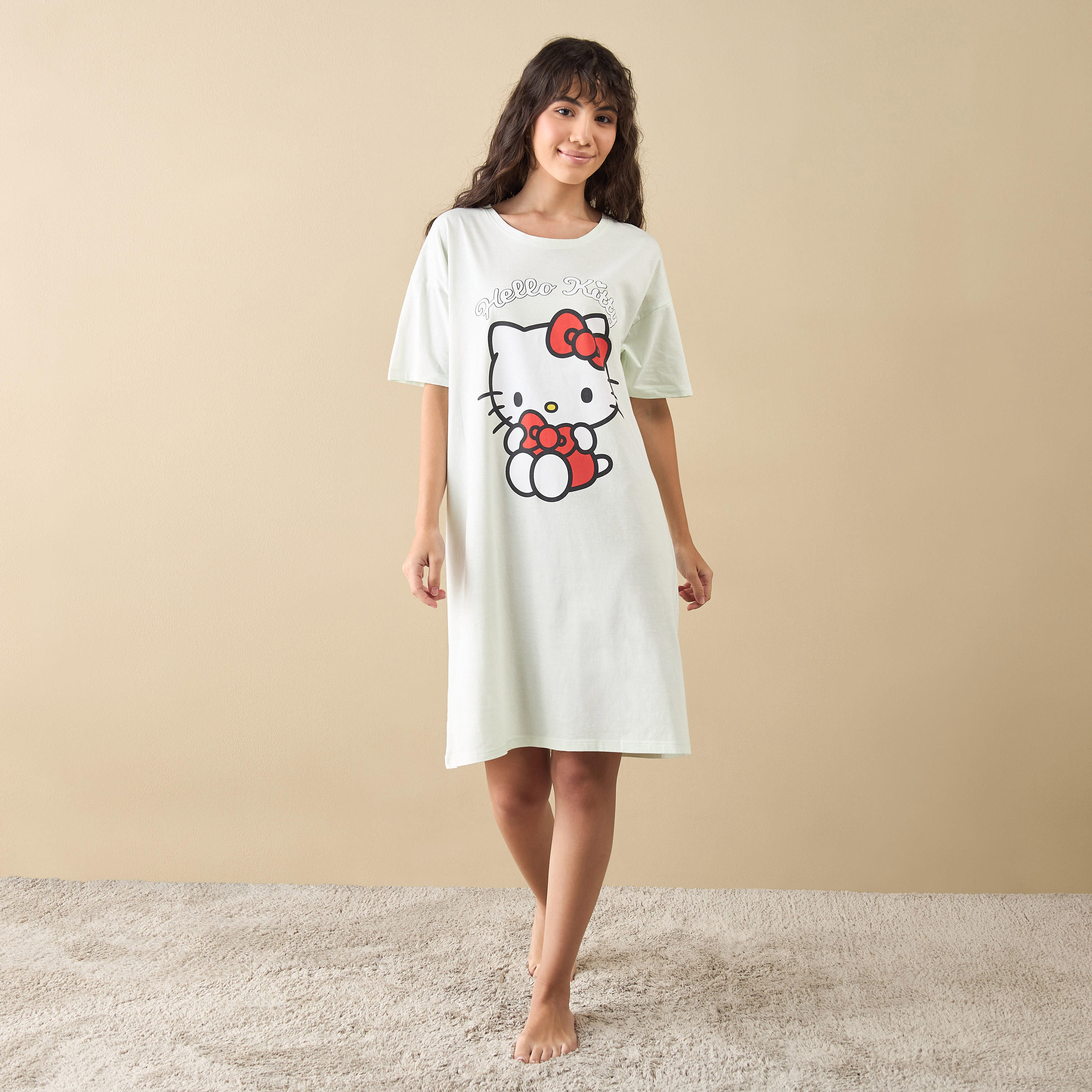 Hello Kitty Print Sleepshirt with Short Sleeves-women-clothing-nightwear-nighties-image-2