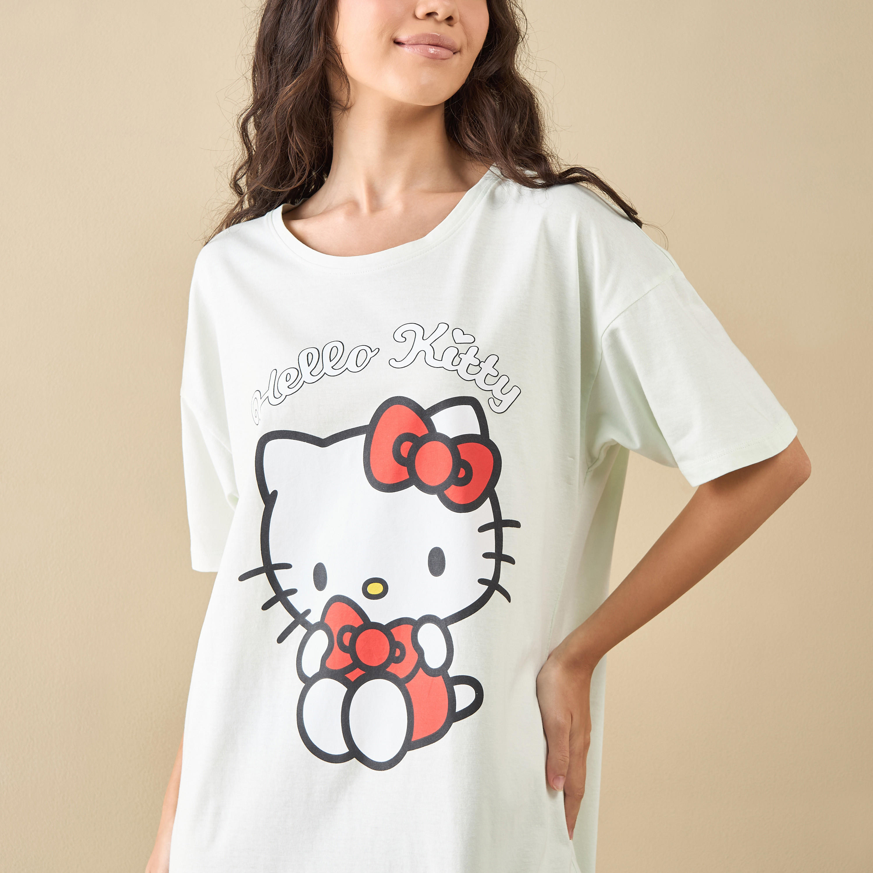 Hello Kitty Print Sleepshirt with Short Sleeves-women-clothing-nightwear-nighties-image-4