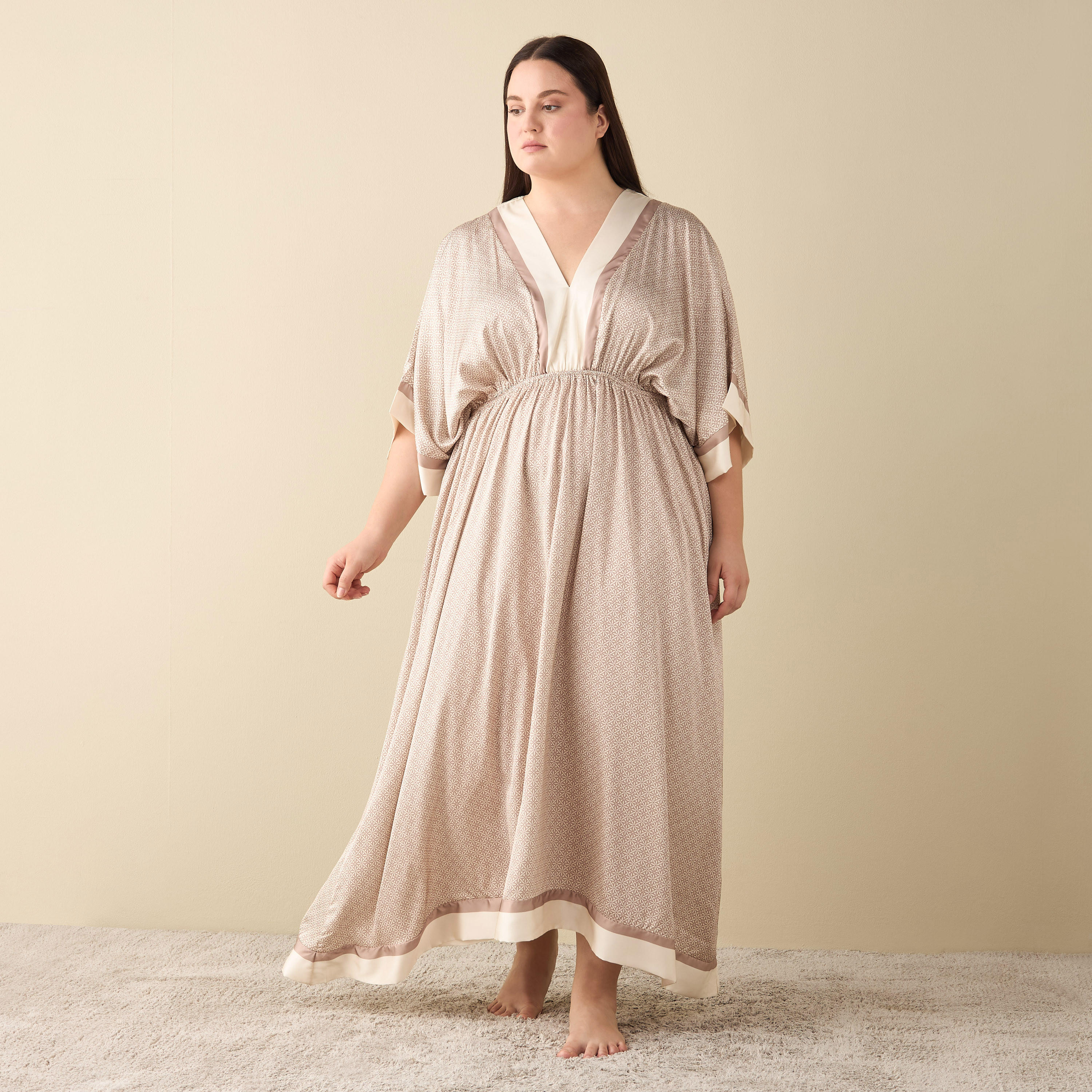 All-Over Print Satin Kaftan Night Gown with V-neck-women-clothing-nightwear-nighties-image-1