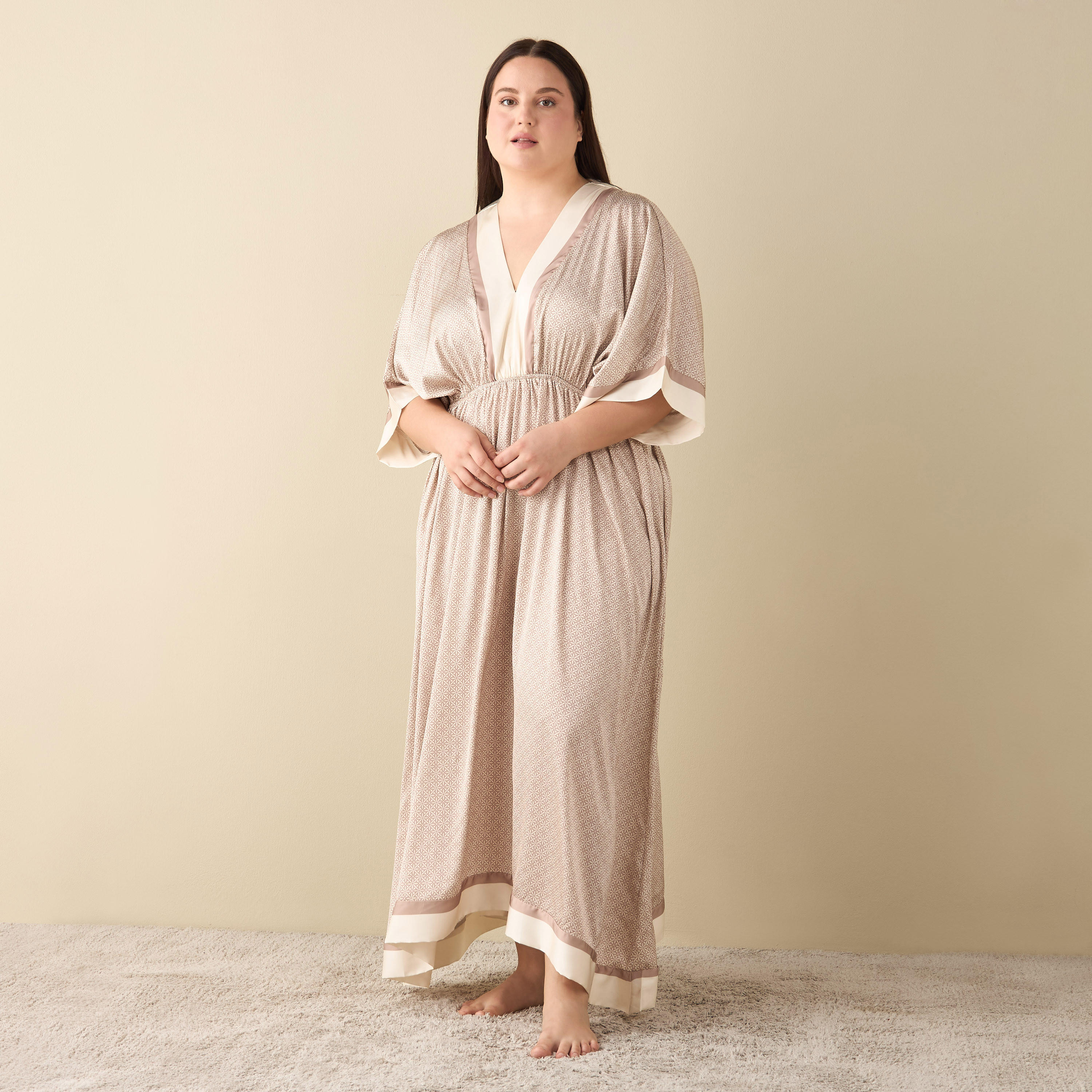 All-Over Print Satin Kaftan Night Gown with V-neck-women-clothing-nightwear-nighties-image-2