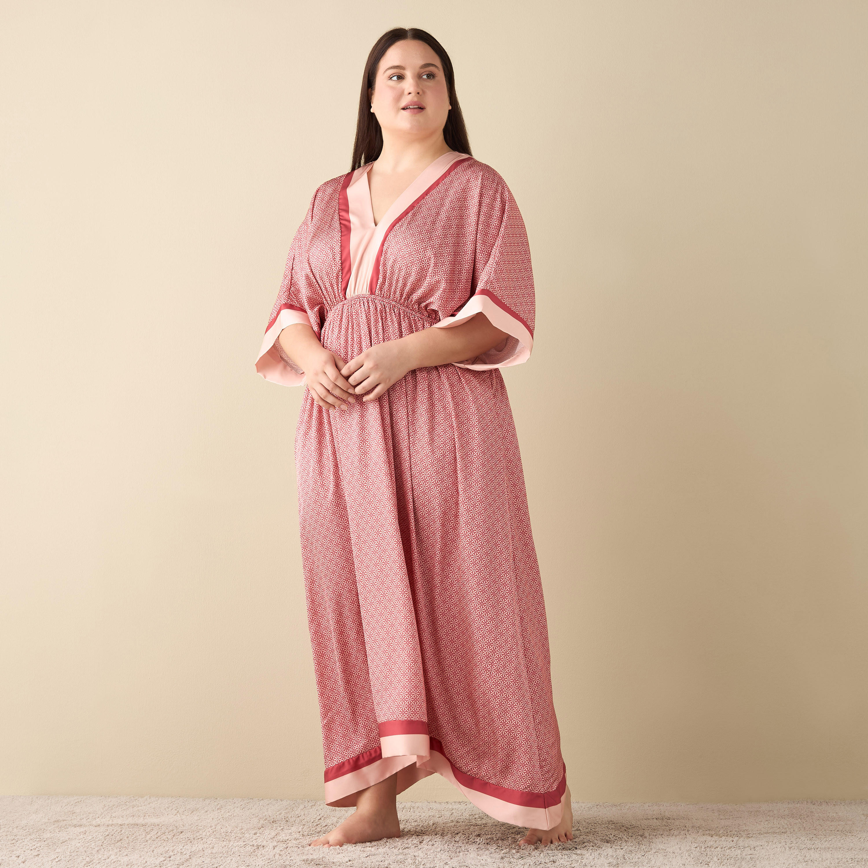 All-Over Print Satin Kaftan Night Gown with V-neck-women-clothing-nightwear-nighties-image-2