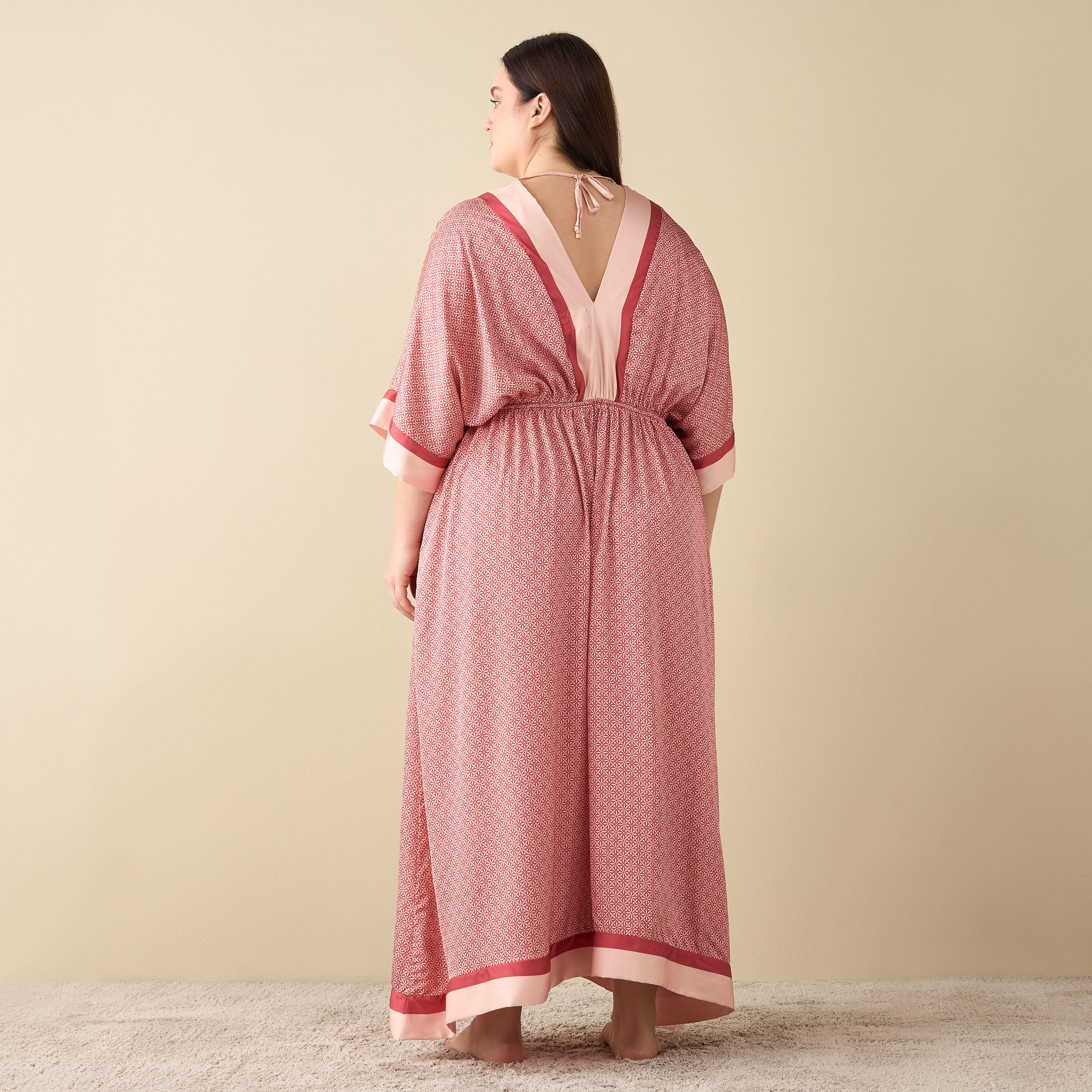All-Over Print Satin Kaftan Night Gown with V-neck-women-clothing-nightwear-nighties-image-3