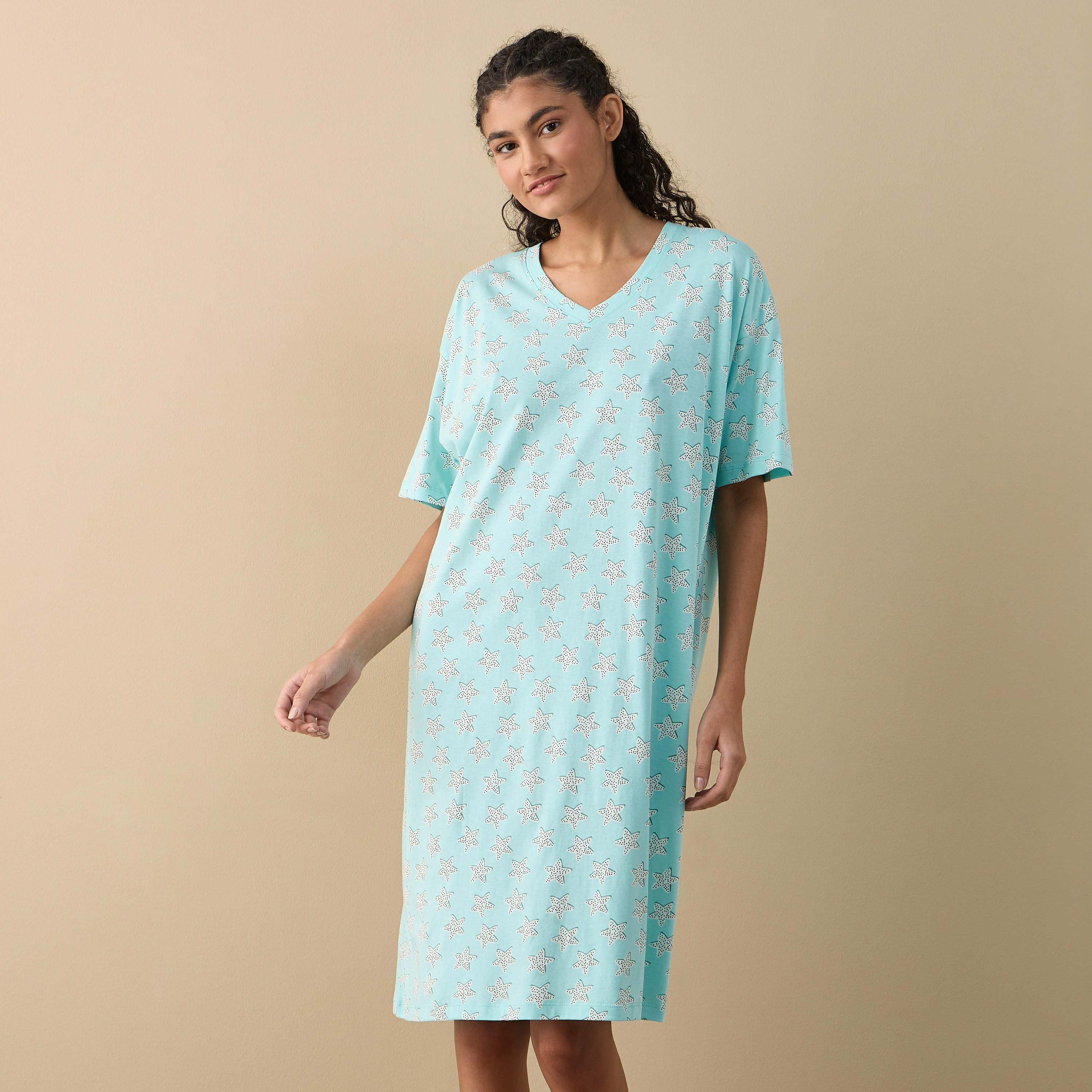 Printed Sleepshirt with V-neck and Short Sleeves-women-clothing-nightwear-nighties-image-1